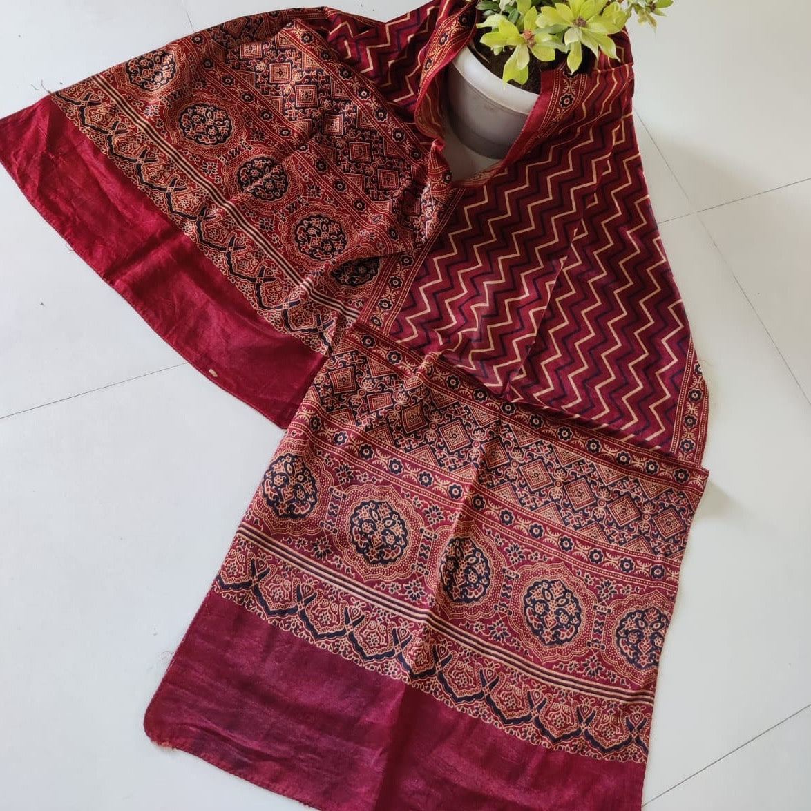 Mashru Silk Ajrakh Print Stole - Black, Maroon