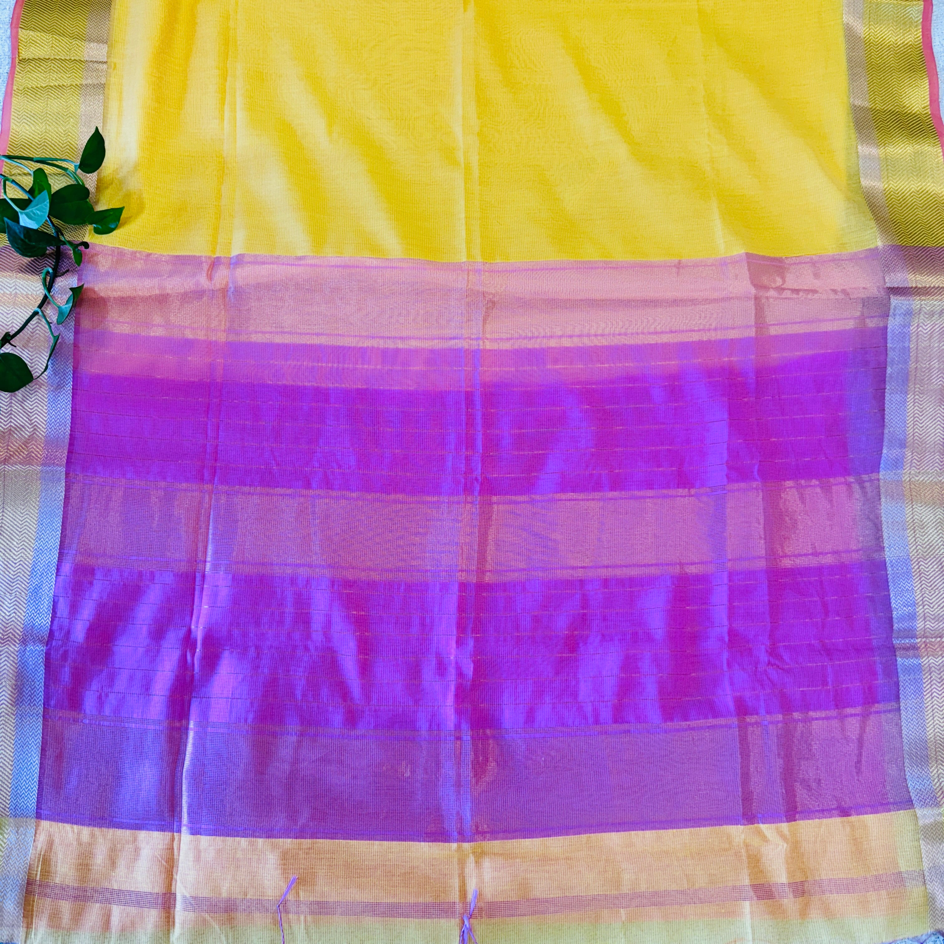 Maheshwari Handloom handwoven cotton silk Saree Yellow and Pink