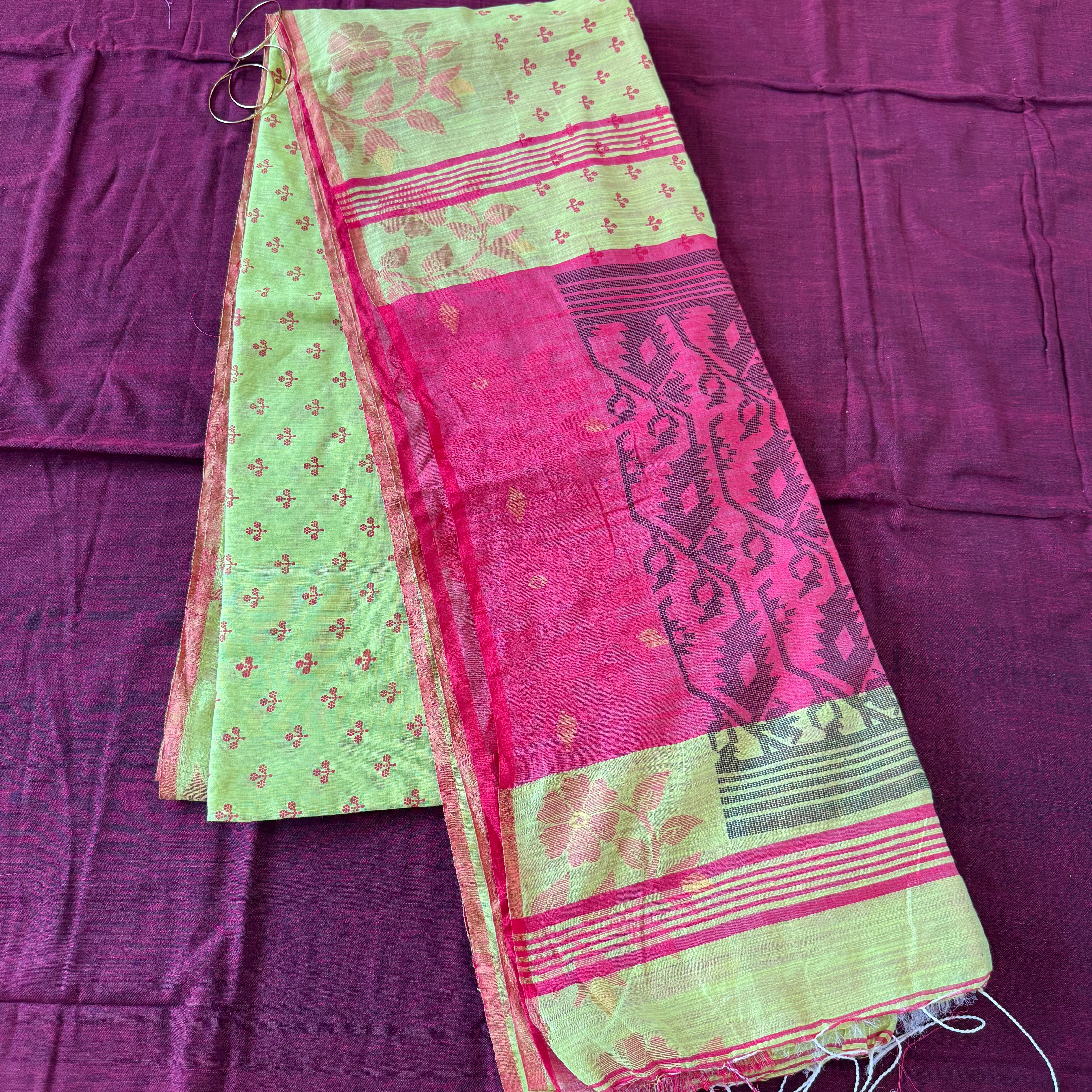Hand Woven and Handloom Pure Muslin Munga Cotton Silk Jamdani - Light Parrot Green With Hot Pink Pallu