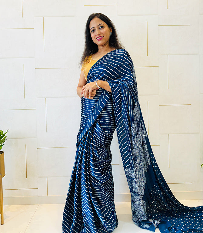 Modal Mashroo Silk Ajrakh Saree - Indigo, Yellow, Red, Maroon, Pink, Mustard