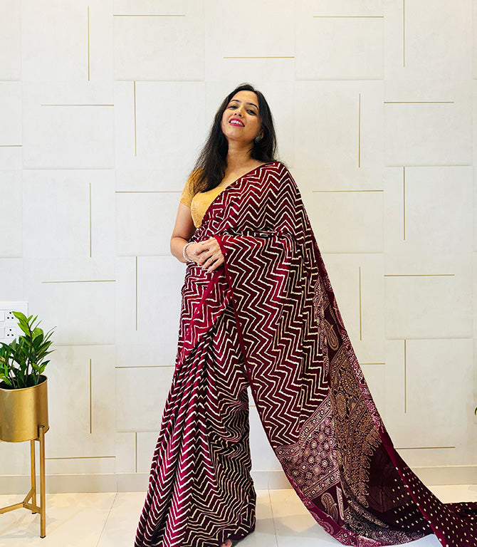 Modal Mashroo Silk Ajrakh Saree With Natural Dyes - Red, Maroon, Black, Brown, Mustard Yellow, Bottle Green, Rani Pink, Navy Blue.
