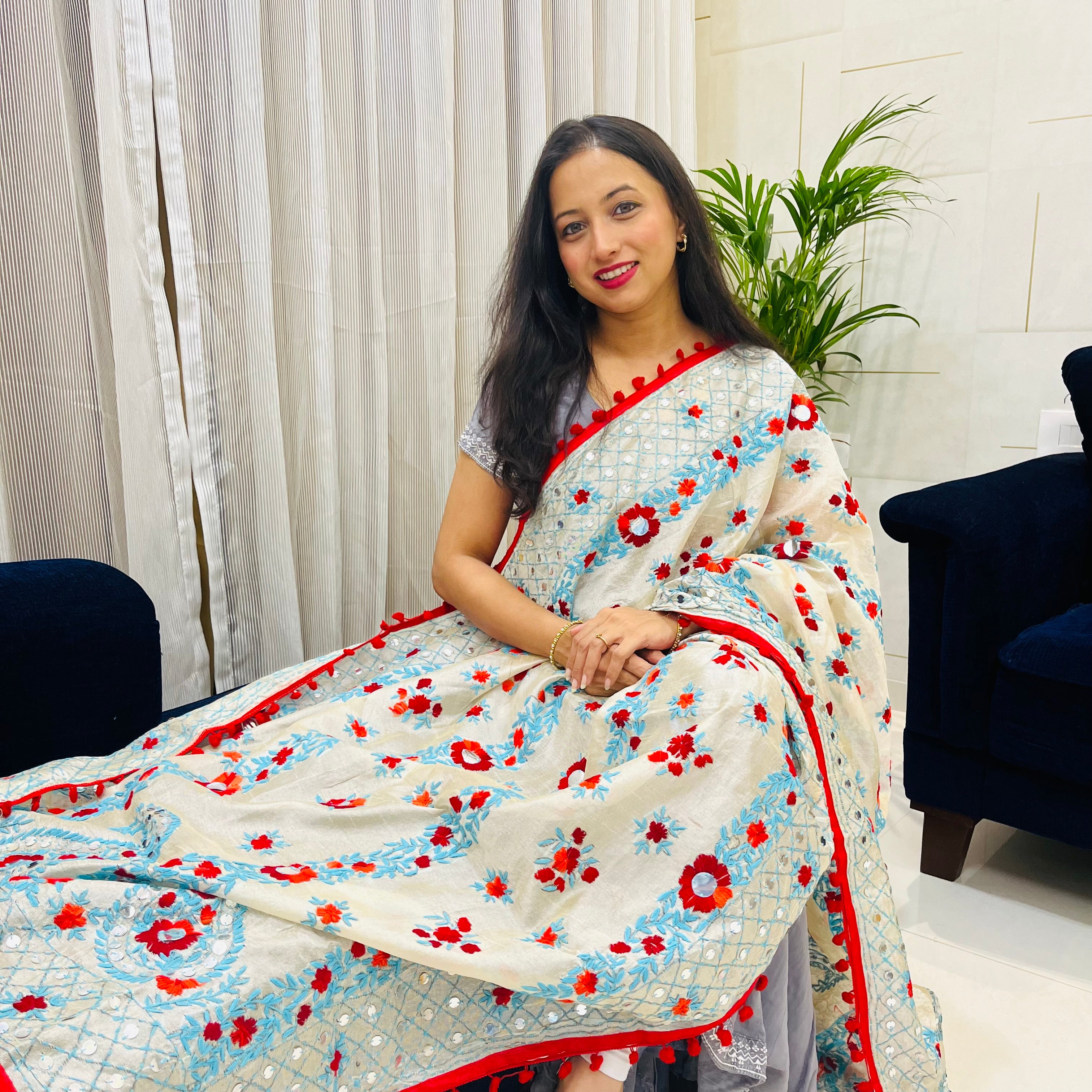 Hand-Embroidered Chanderi Dupatta- Beige With Multi-Coloured Threadwork and Pompom