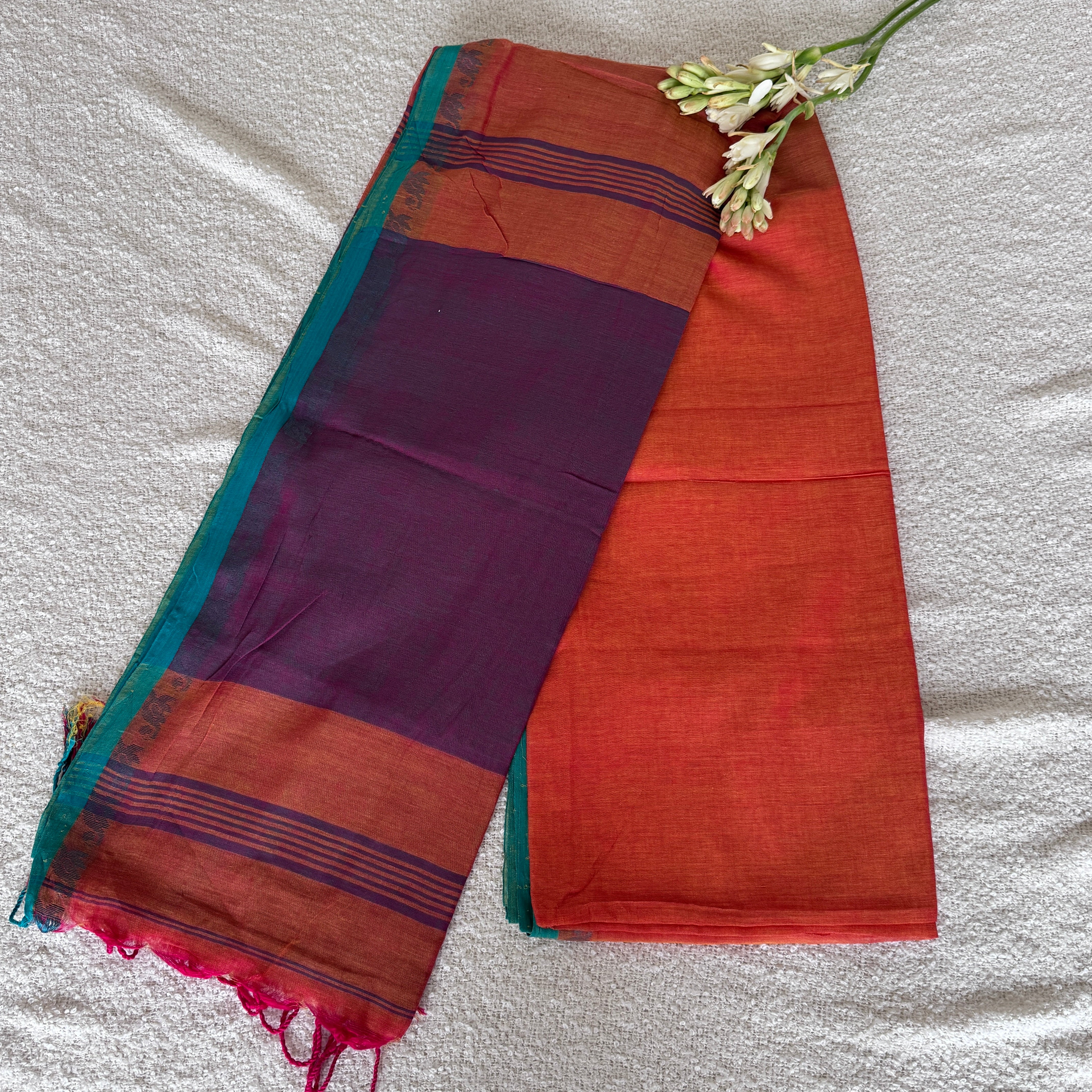 Handloom Mul Cotton woven - Orange, Magenta, Pink, White, Light Pista