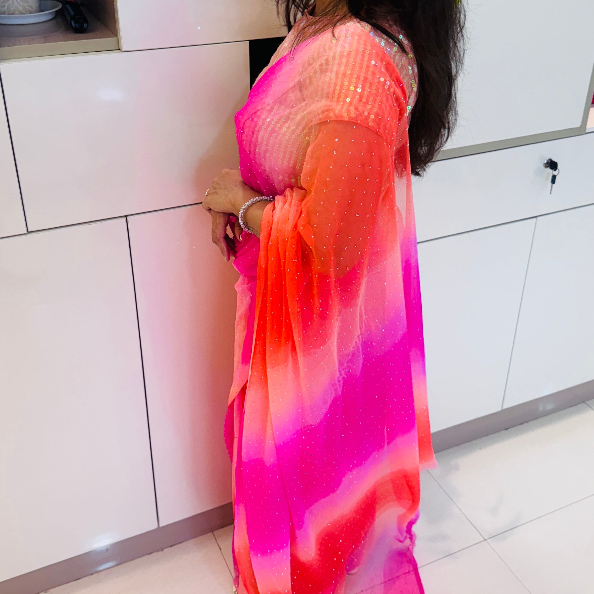 Trending Chiffon Saree With Kundan Work - Pink