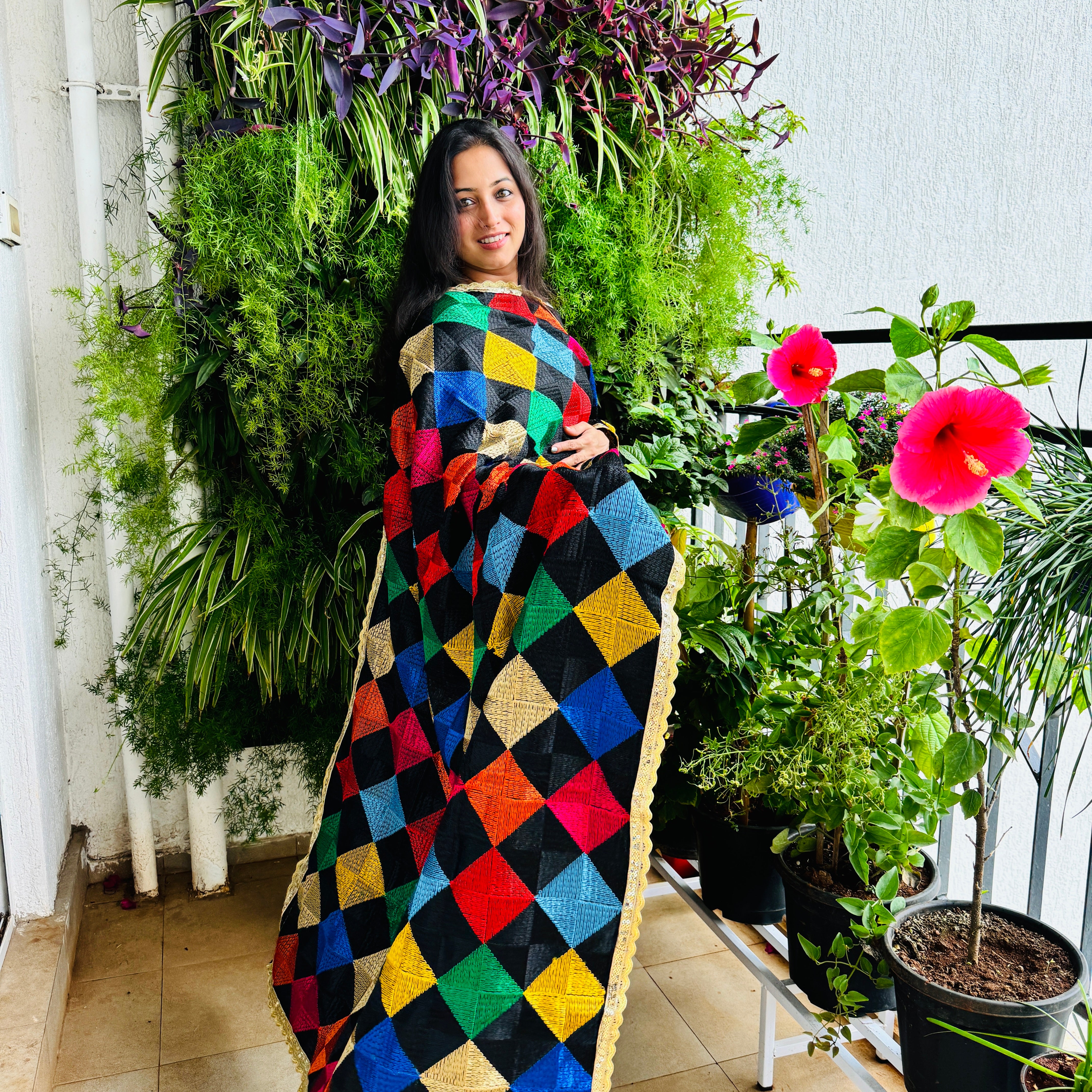 Festive Chinnon phulkari dupatta-Black