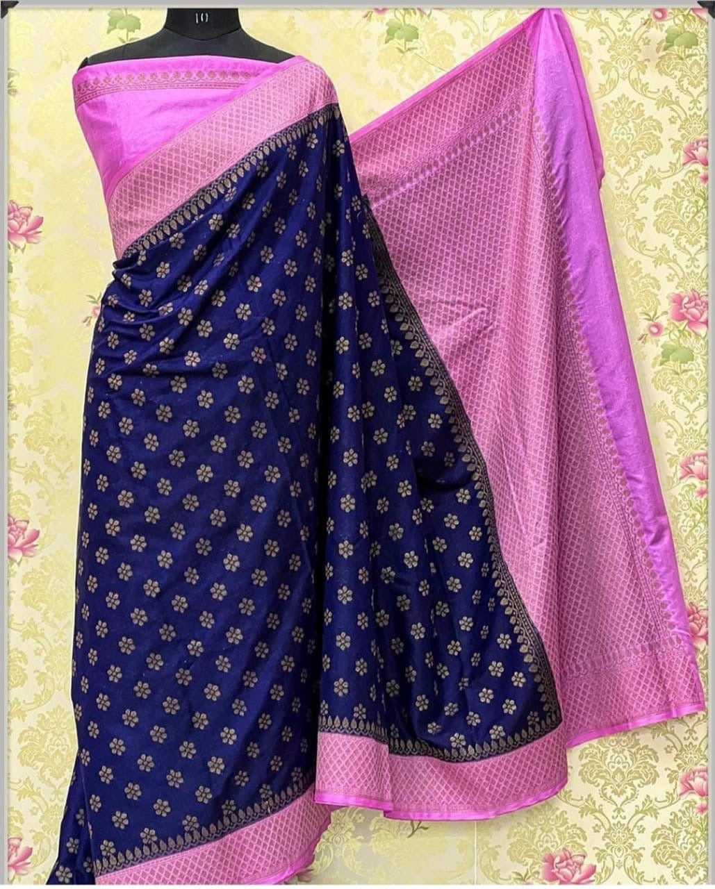 Dupion Silk Banarasi Saree - Navy Bluw, Pink, Green, Maroon and more