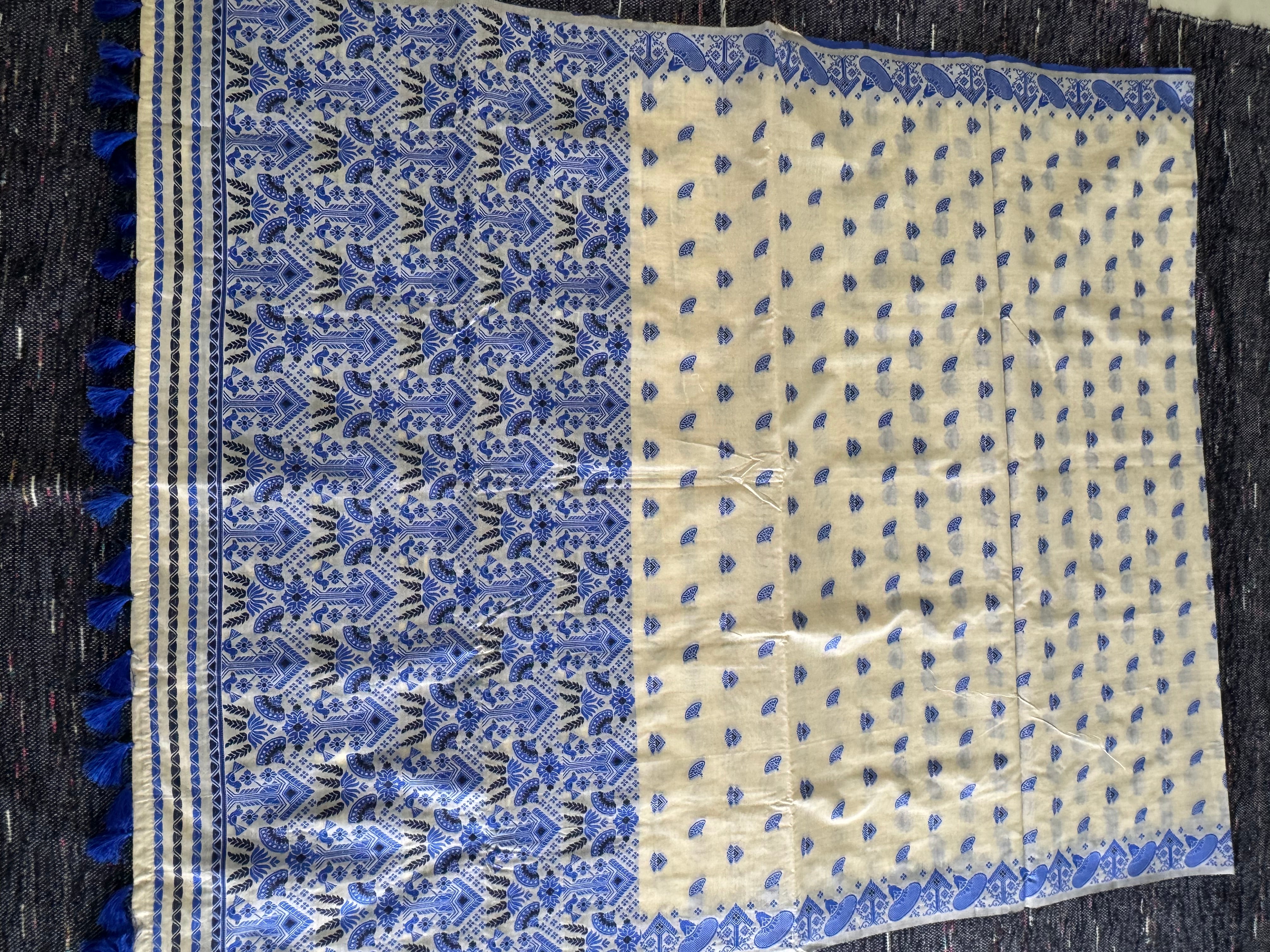 Assam Mugasilk Silk Saree in Golden Muga Color with Ancient Authentic Design With Blue Weave