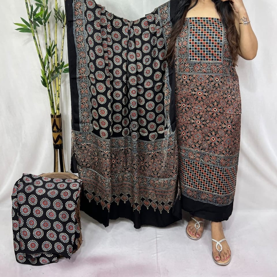 Pure modal silk hand block Ajrakh 3 suit material - Red with different hand block prints
