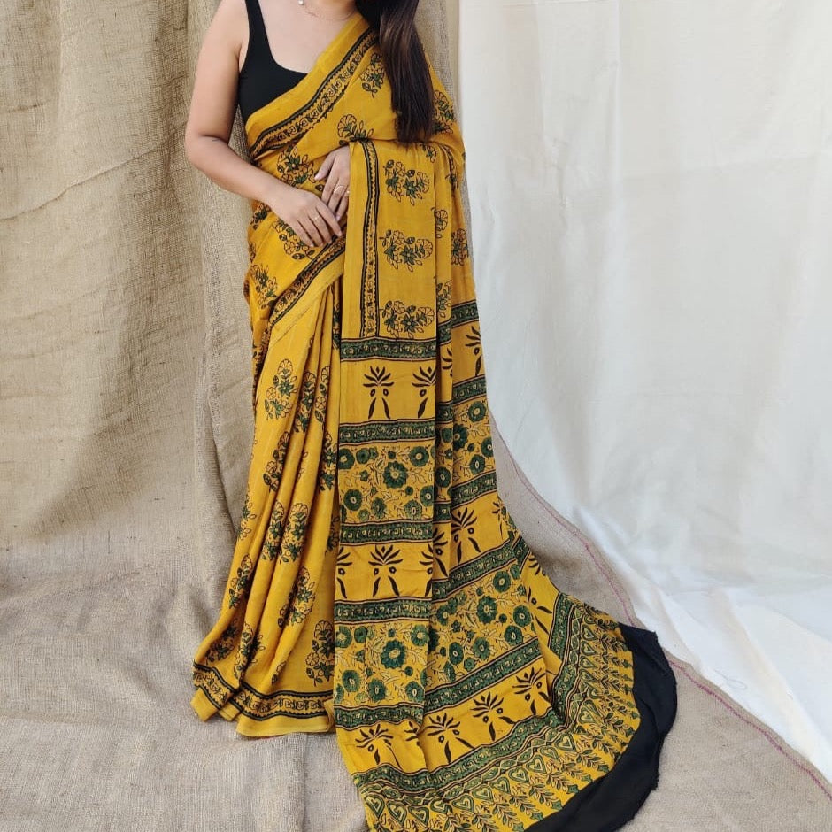 Modal Silk Ajrakh Saree With Natural Dyes - Yellow, Black, Blue