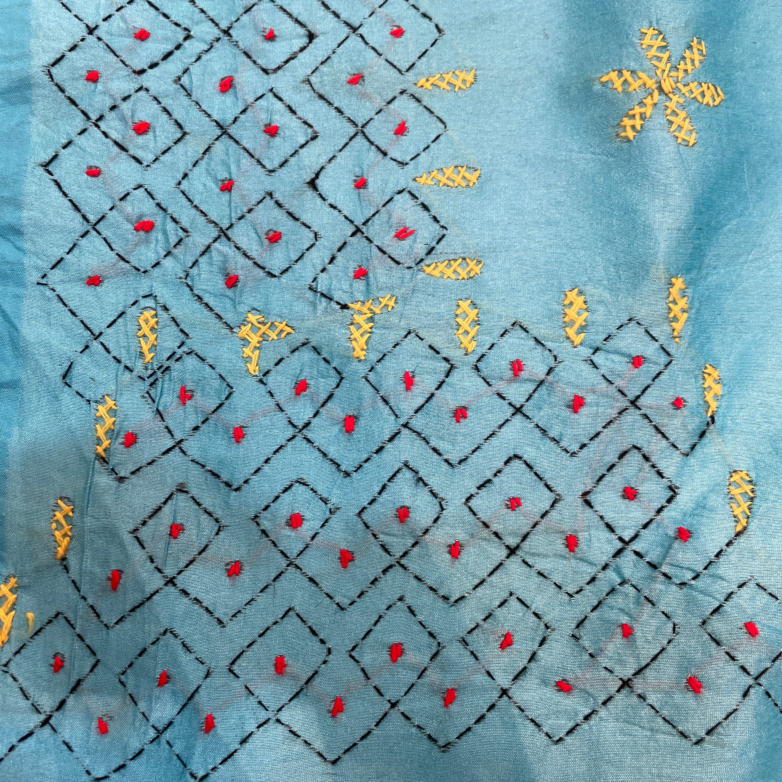 Kantha Hand Embroidered Work Saree Assam Silk (cotton silk) - Blue