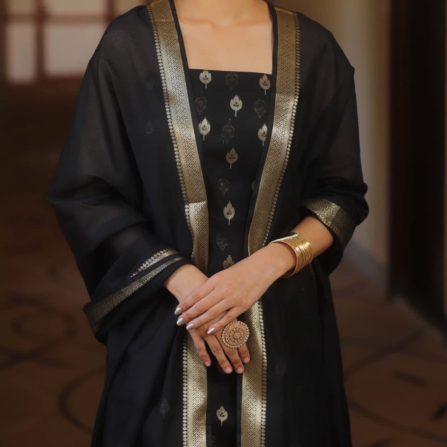 Banarasi Cotton Silk Unstitched Salwar Suit Fabric -Black With Embossed Jari