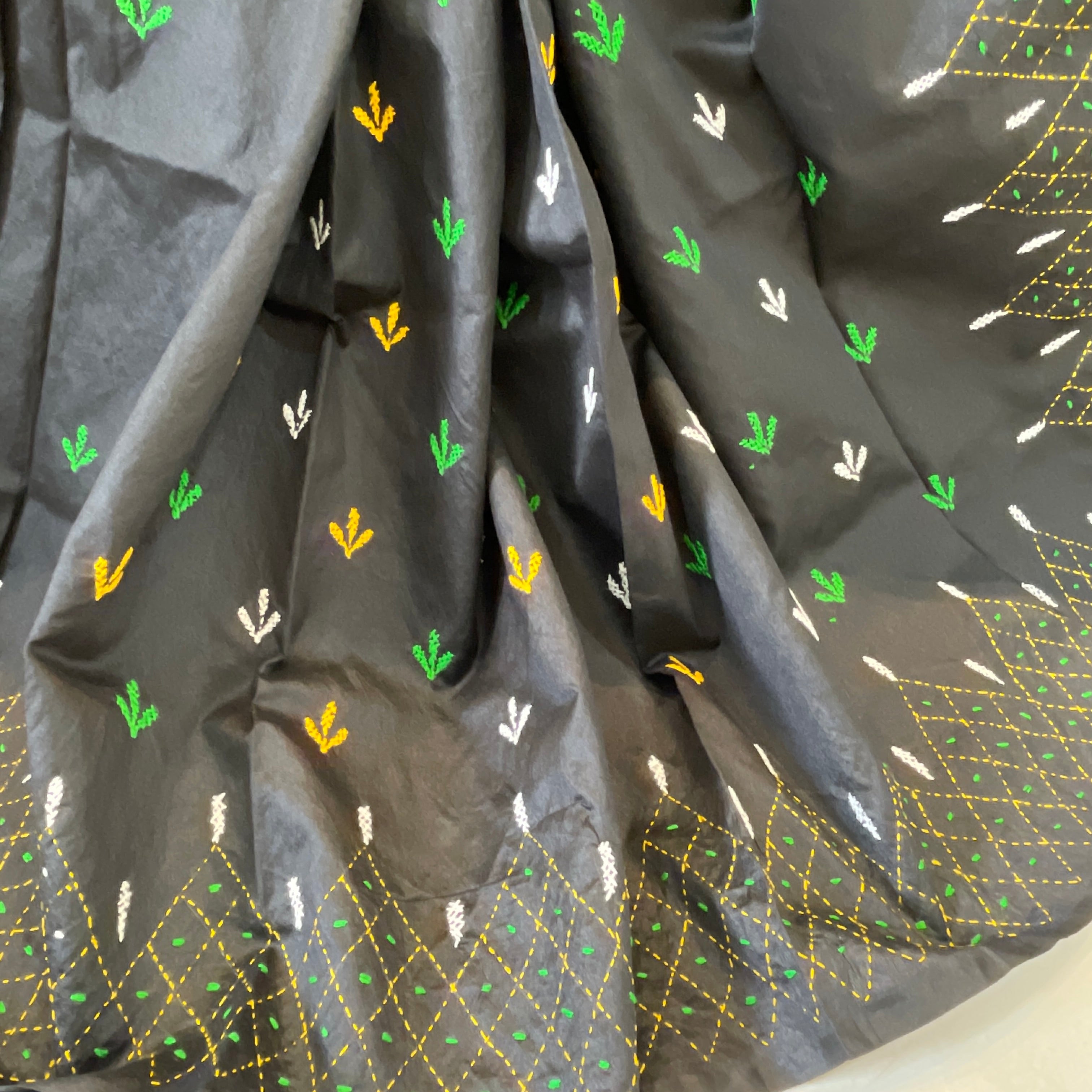 Assam Silk (cotton silk) Kantha Hand Embroidered Work Saree - Black