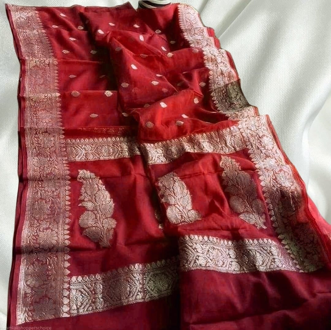 Semi Georgette Banarasi Silk Saree- Red, Blue, Green, Sea. Green, Black, Magenta, Pink, Wine