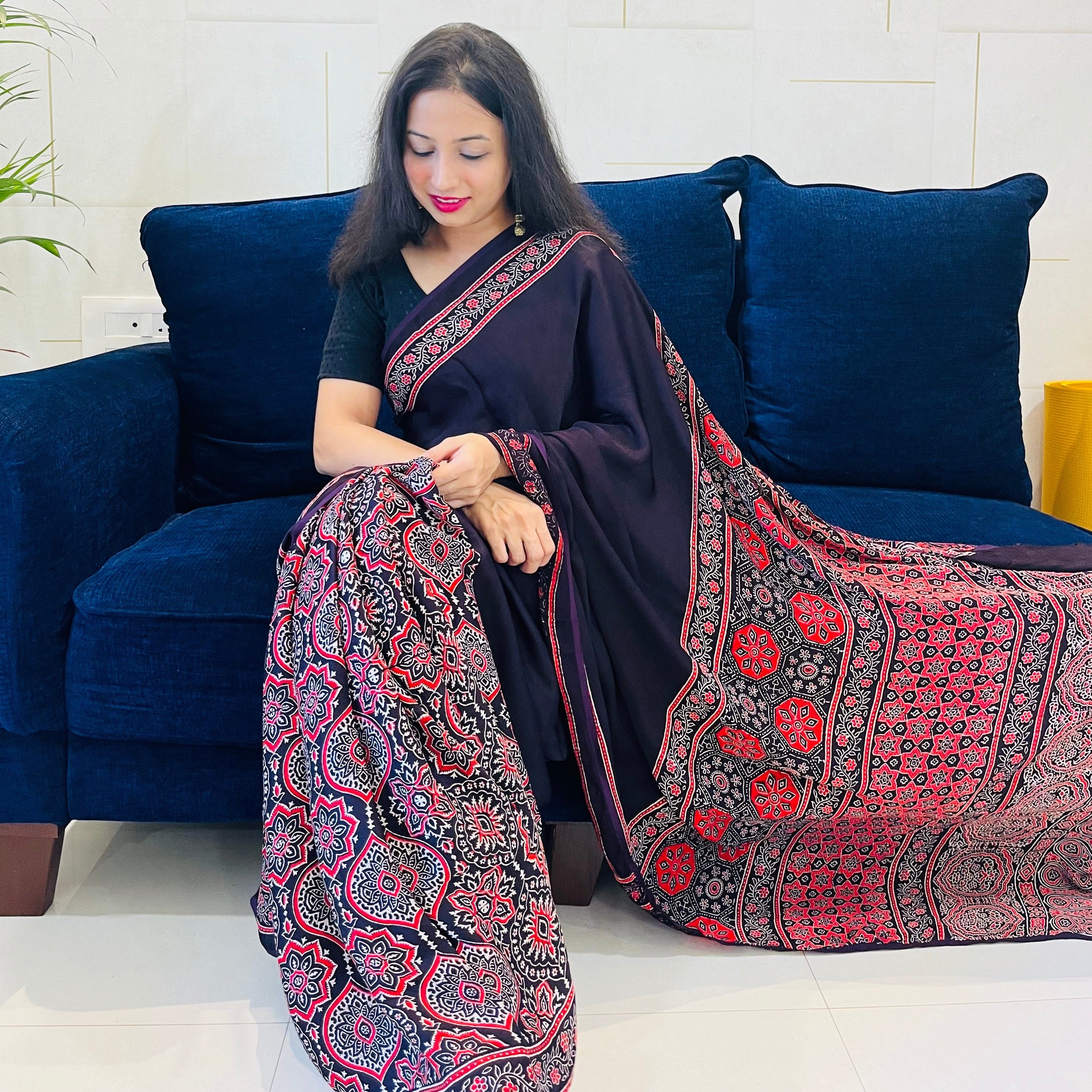Modal Silk Ajrakh Saree With Hand Block - Chocolate Brown