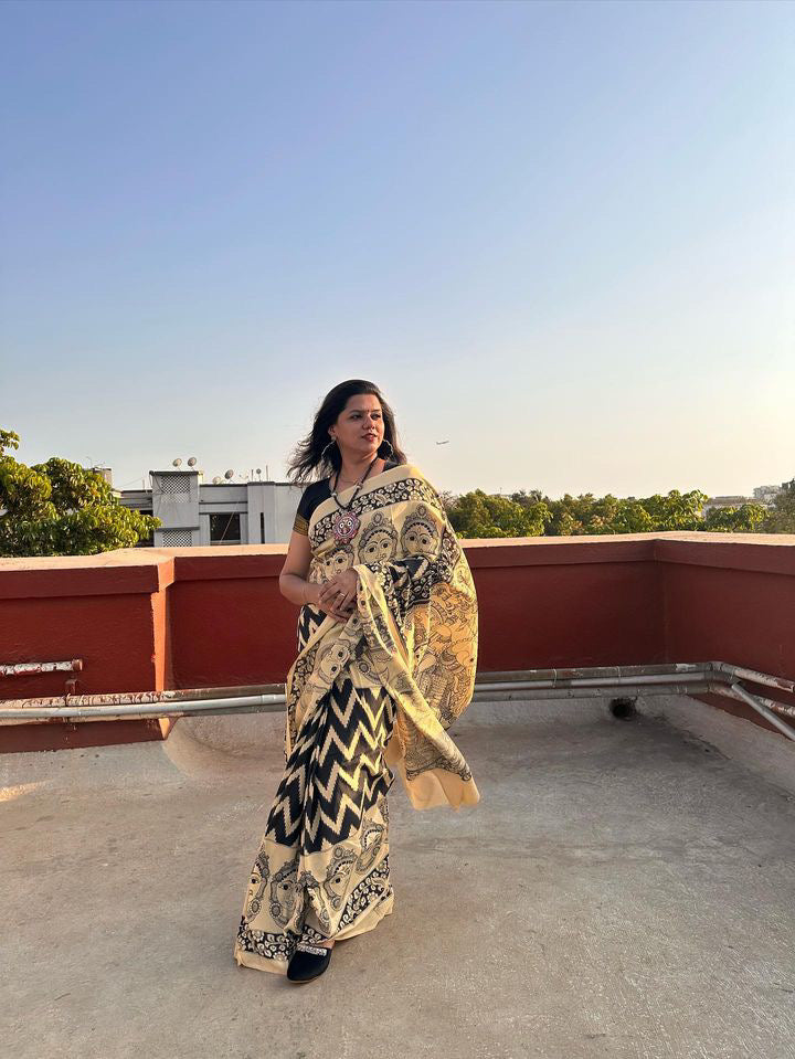 Chennur (Chenoori) Silk Pen Kalamkari Saree - White and Black