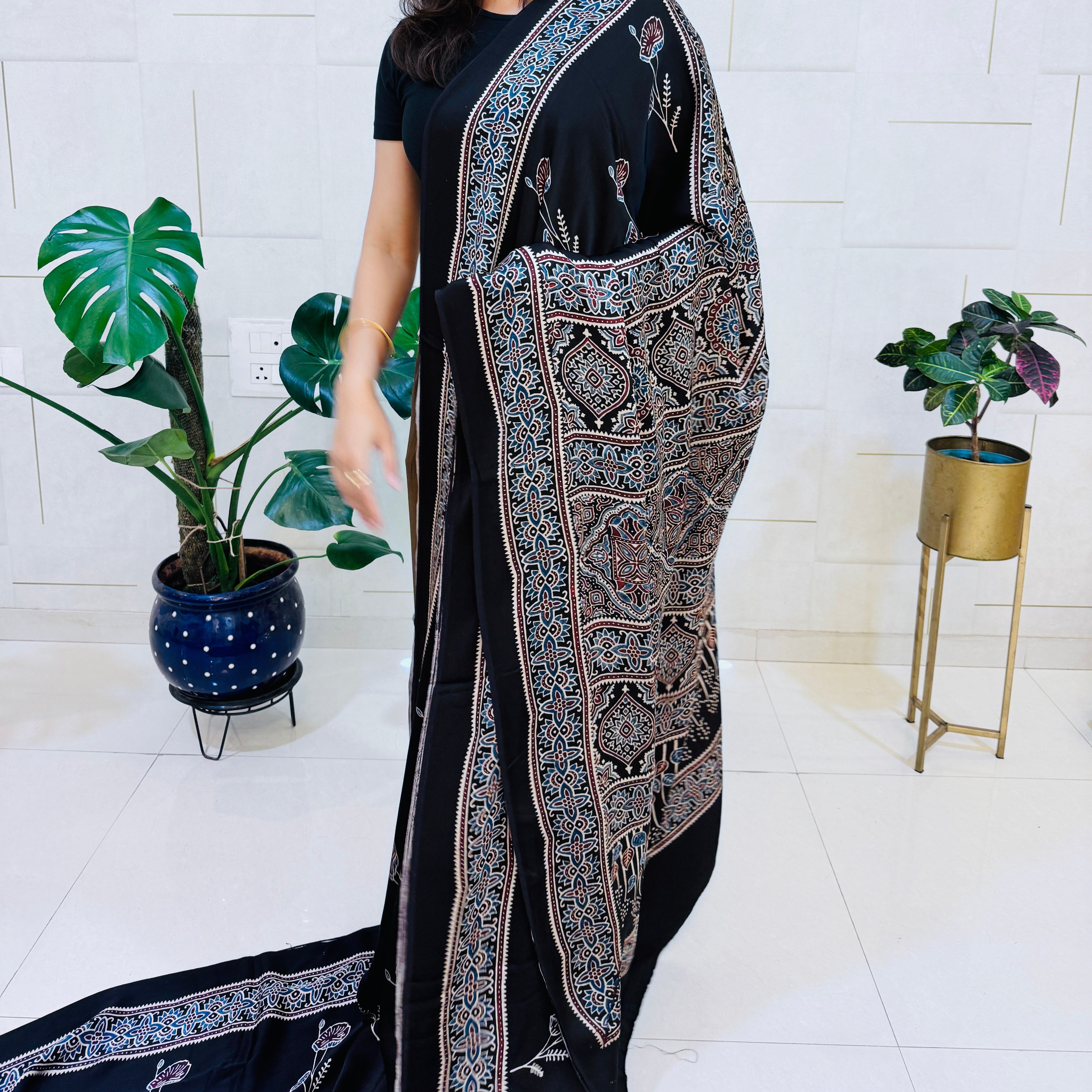 Modal Silk Ajrakh Saree With Natural Dyes - Black