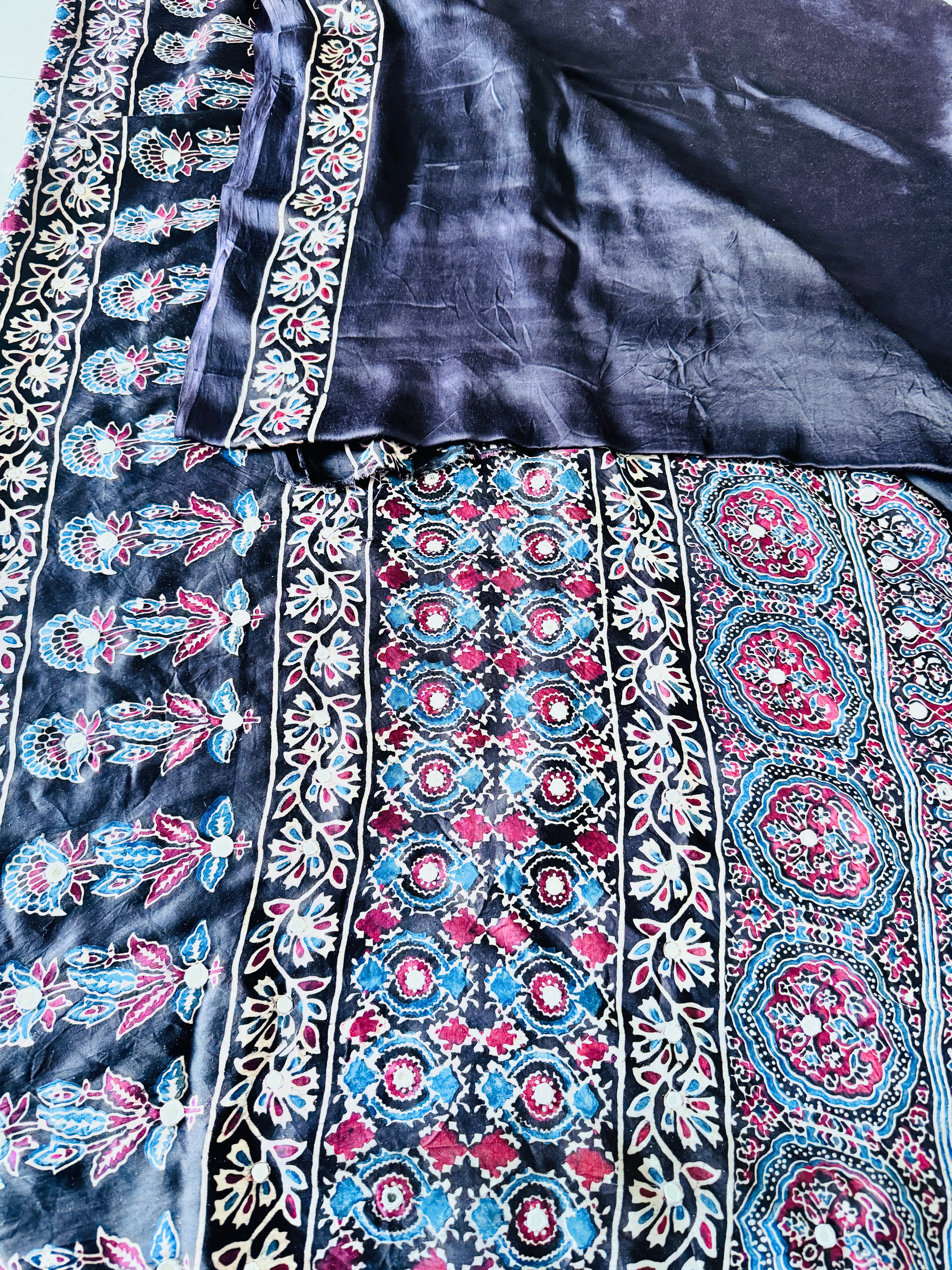 Modal Silk Ajrakh Saree With Natural Dyes and with Unstitched Mirror Work Black and Customisation available