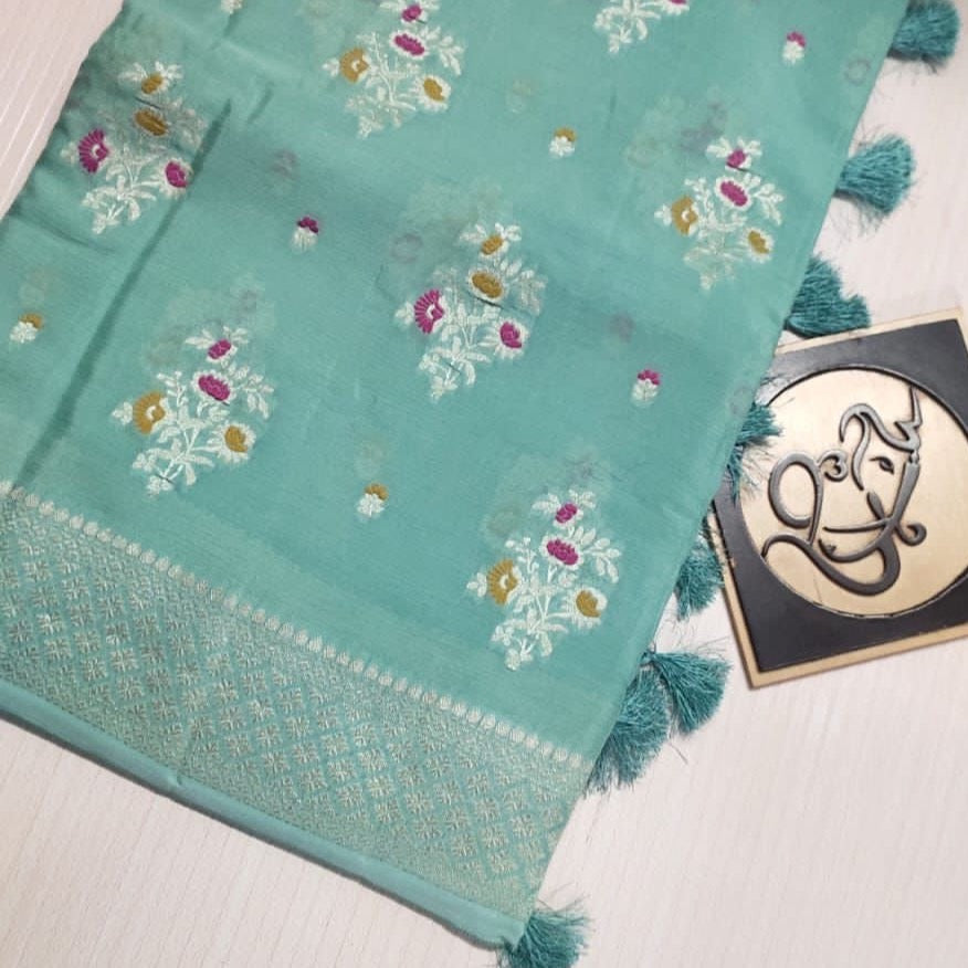 Banarasi Semi Georgette Saree with Silver Meena Woven Work - Beige, Pink, Green