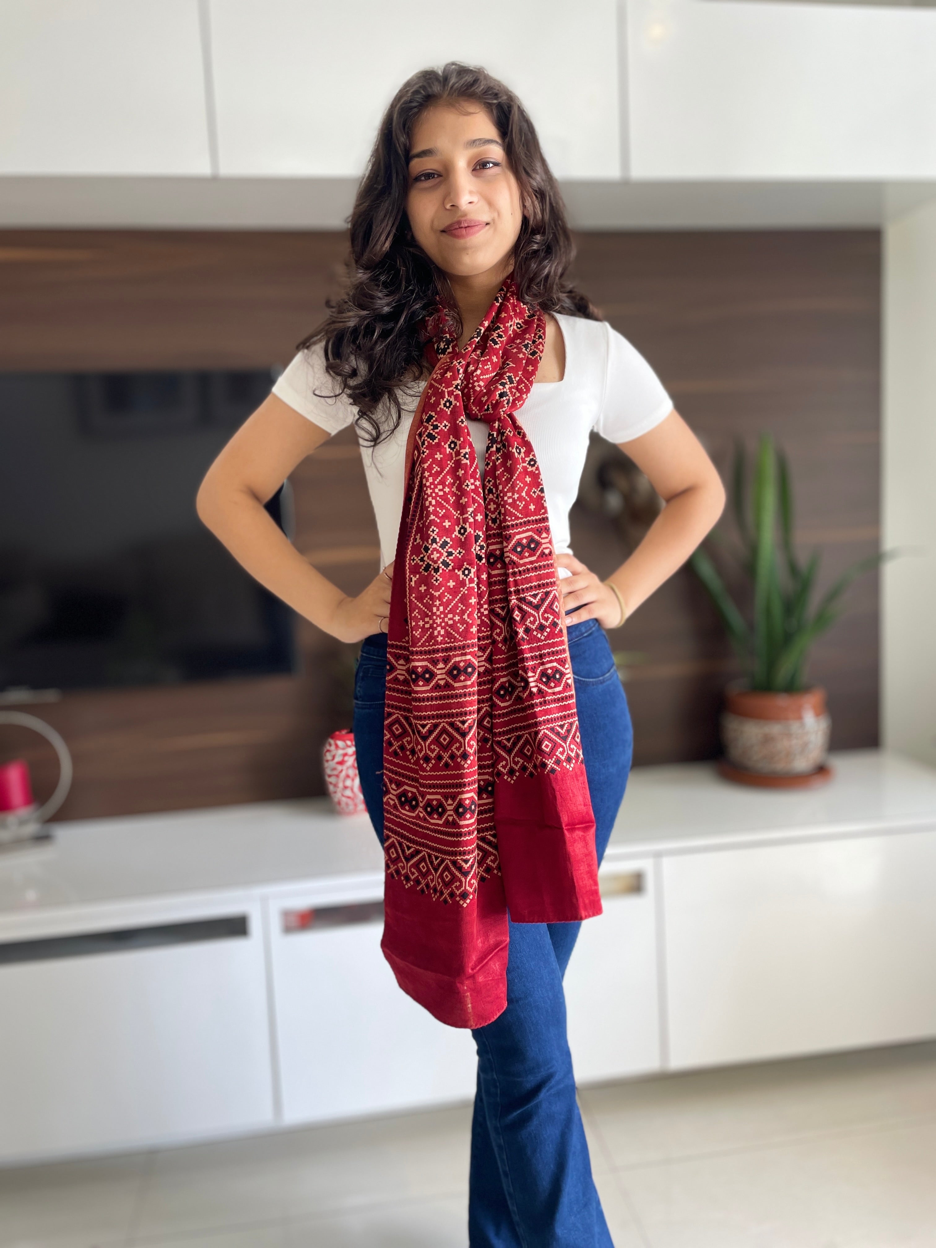 Mashru Silk Ajrakh Print Stole - Maroon