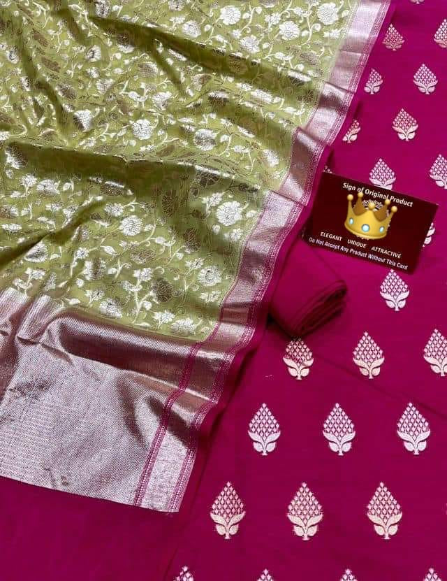 Banarasi Pure Mercerised Silk Handloom Dyeable Suits Colour-(Green, Pink, Maroon, Purple, Red)
