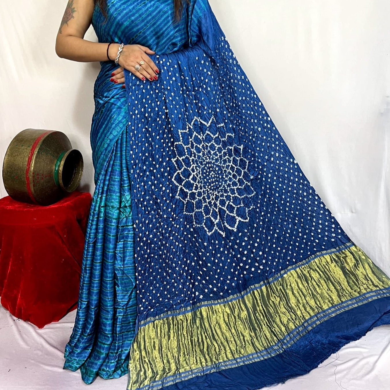 Modal Silk Leheriya Saree with Tie and Die and sari Pallu - Golden, Olive, Yellow, Blue, Red, Mango, Teal