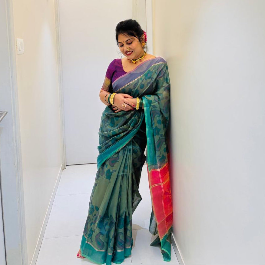 Semi Cotton Silk Pochampalli Handloom Blue, Pink, Yellow,Orange