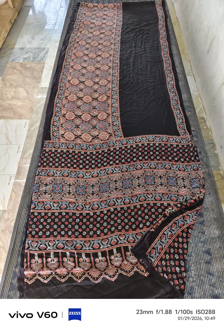 Modal Silk Ajrakh Saree With Natural Dyes and with Stitched Mirror Work Black and Customisation available
