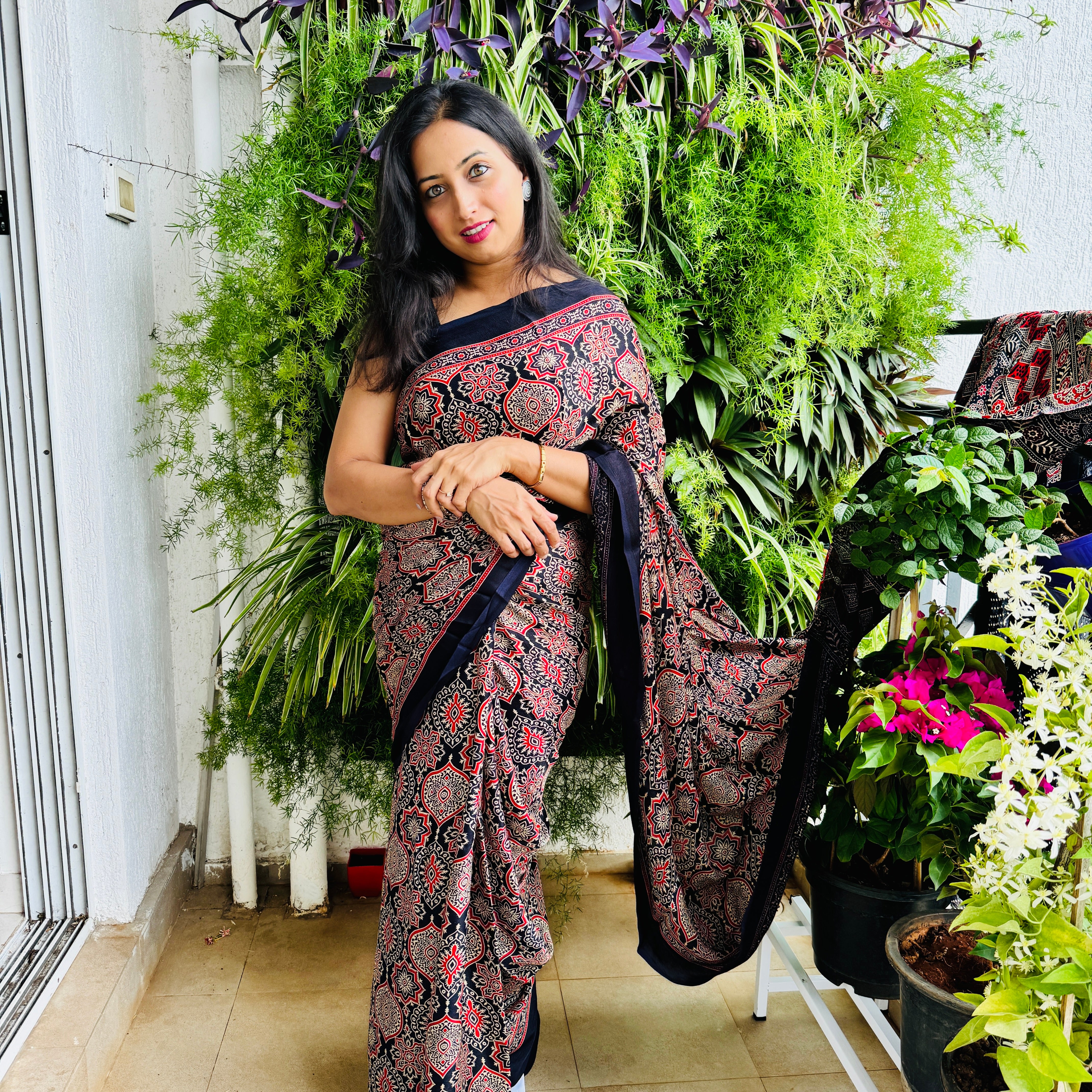 Modal Mashroo Silk Mix Ajrakh Saree - Navy Blue