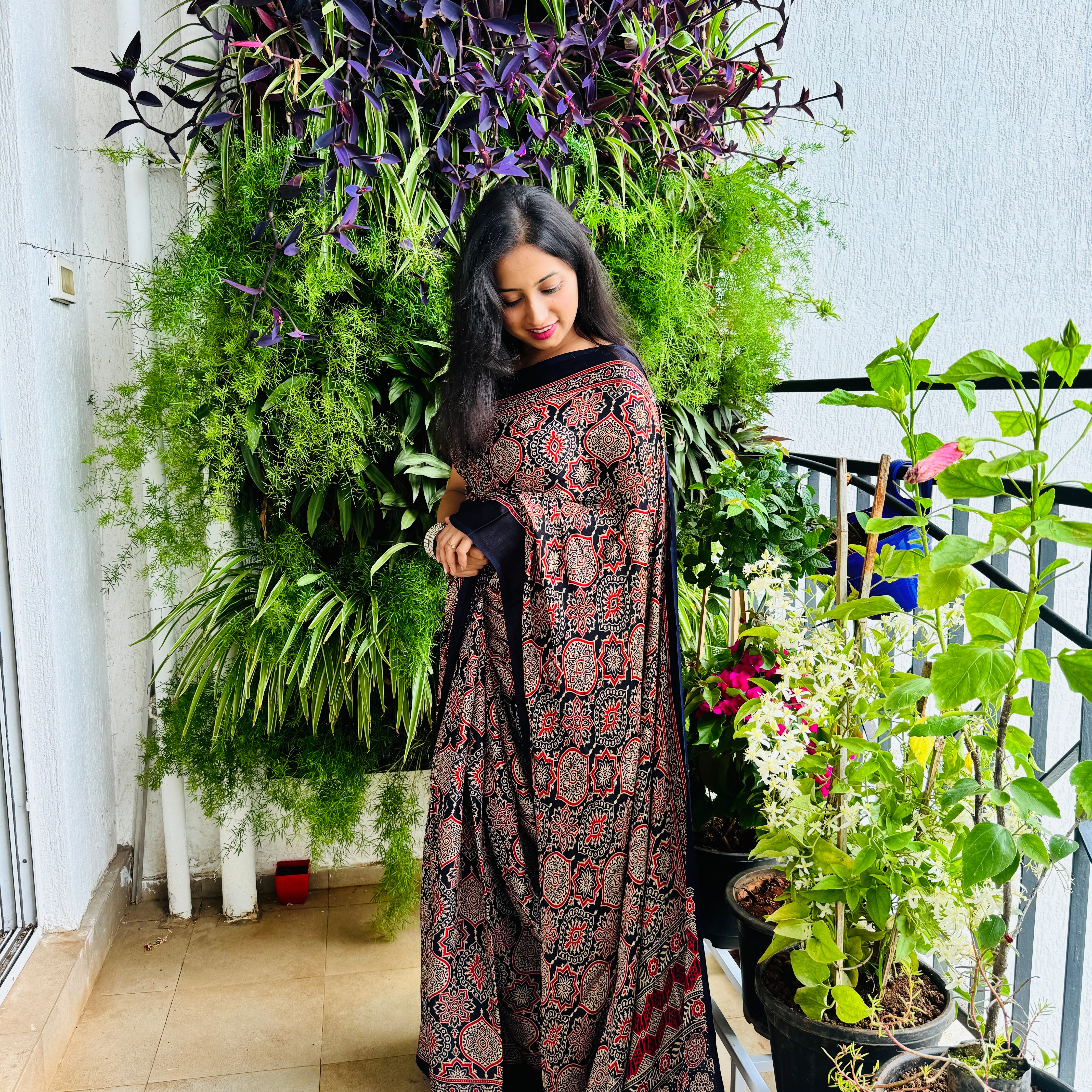 Modal Mashroo Silk Mix Ajrakh Saree - Navy Blue