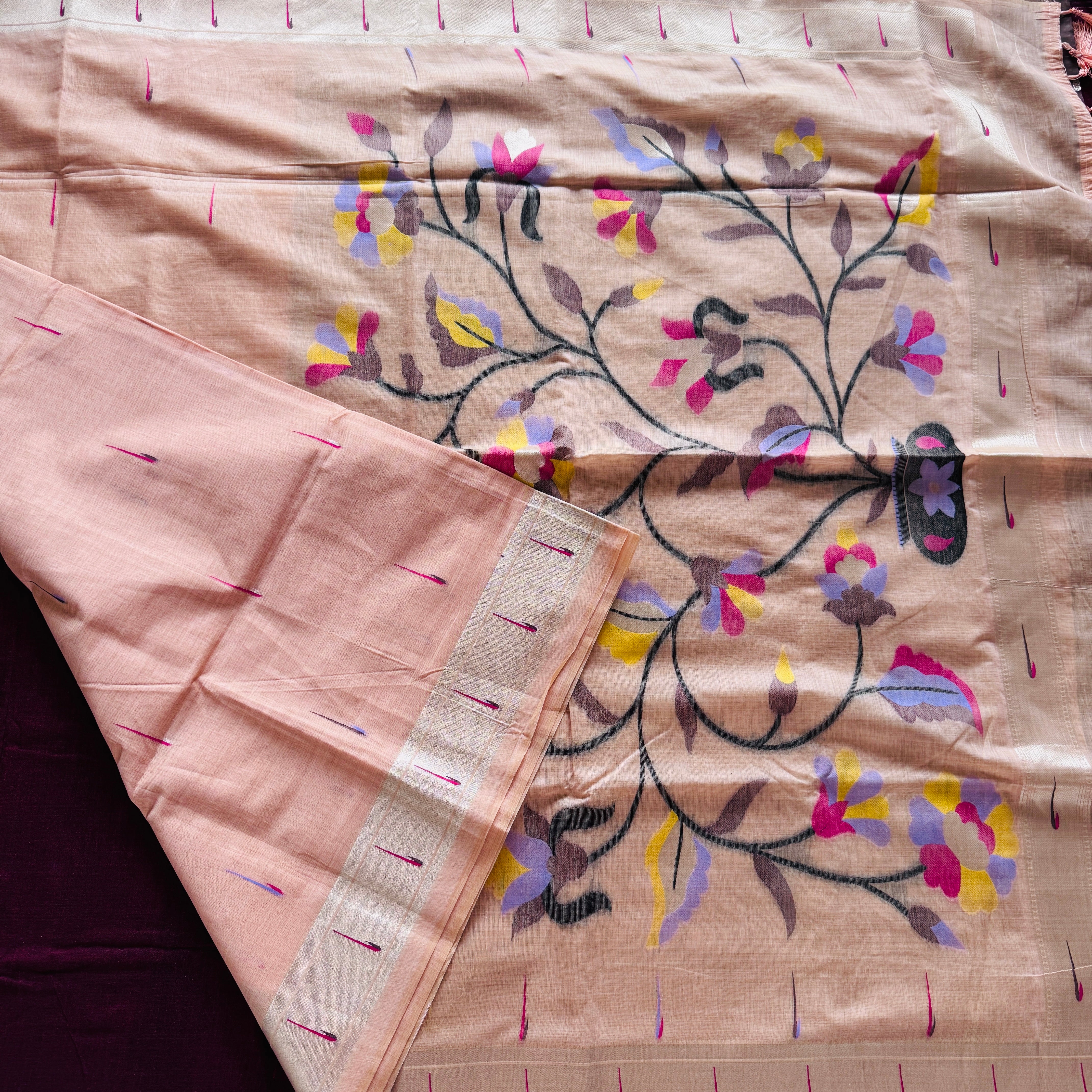 Hand Woven and Handloom Pure Muslin Munga Cotton Silk Jamdani With Paithani Design _ Sky Blue, Peach