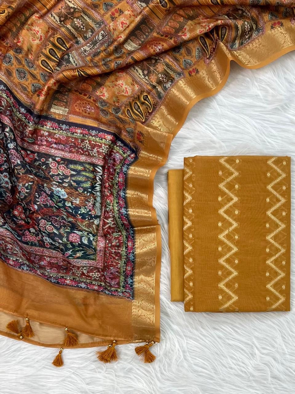 Banarasi Pure Mercerised Silk Handloom Unstitched Suit Material- Colours - Green, Mustard, Purple, Blue