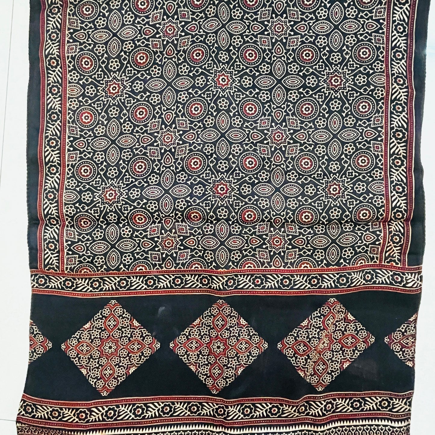 Mashru Silk Ajrakh Print Stole - Black