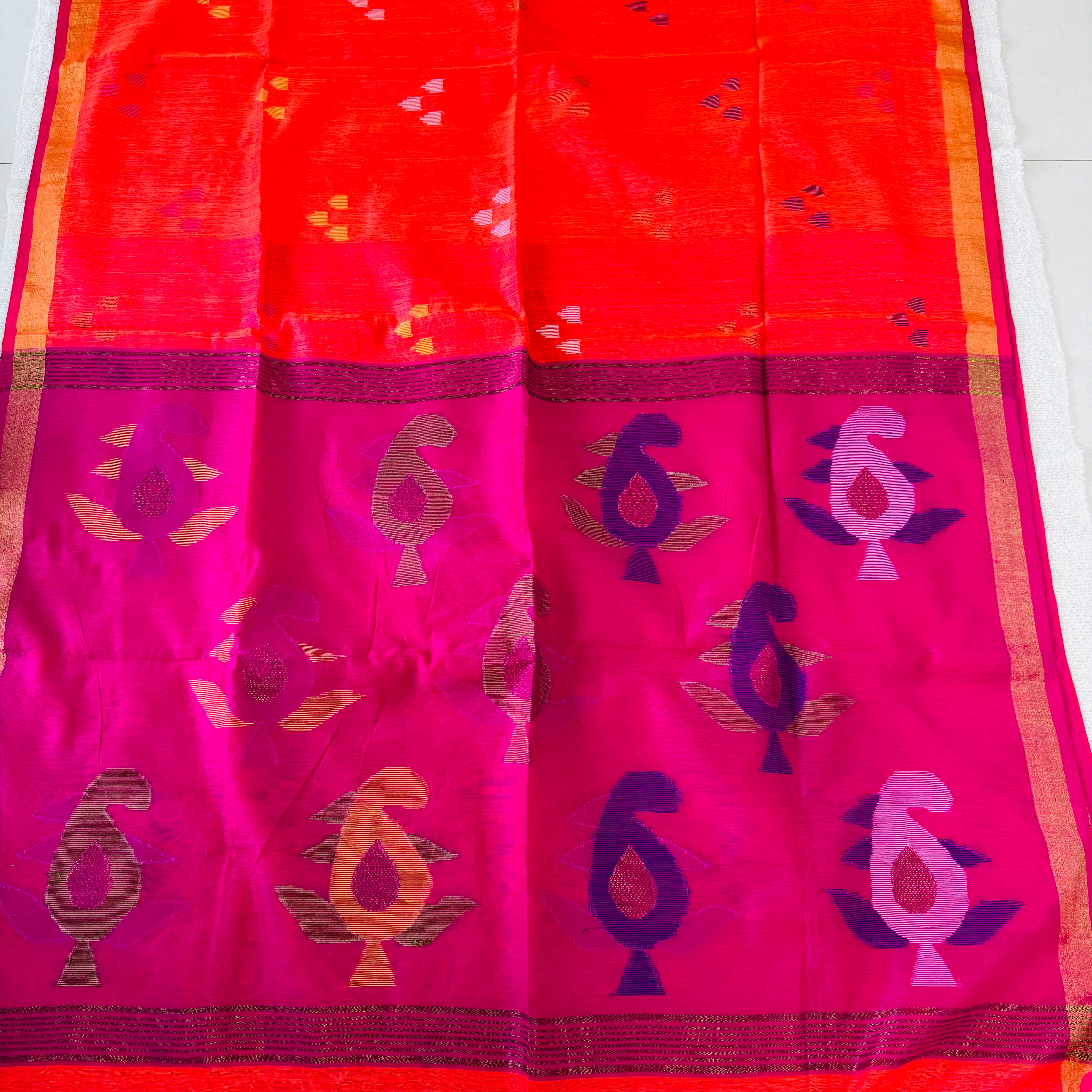 Hand Woven and Handloom Pure Muslin Motka Silk Jamdani - Orange and Pink