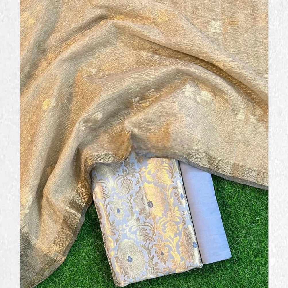 Banarasi Katan Silk With Tissue Unstitched Salwar Suit Fabric With Kimkhab Jari- Pink, Blue