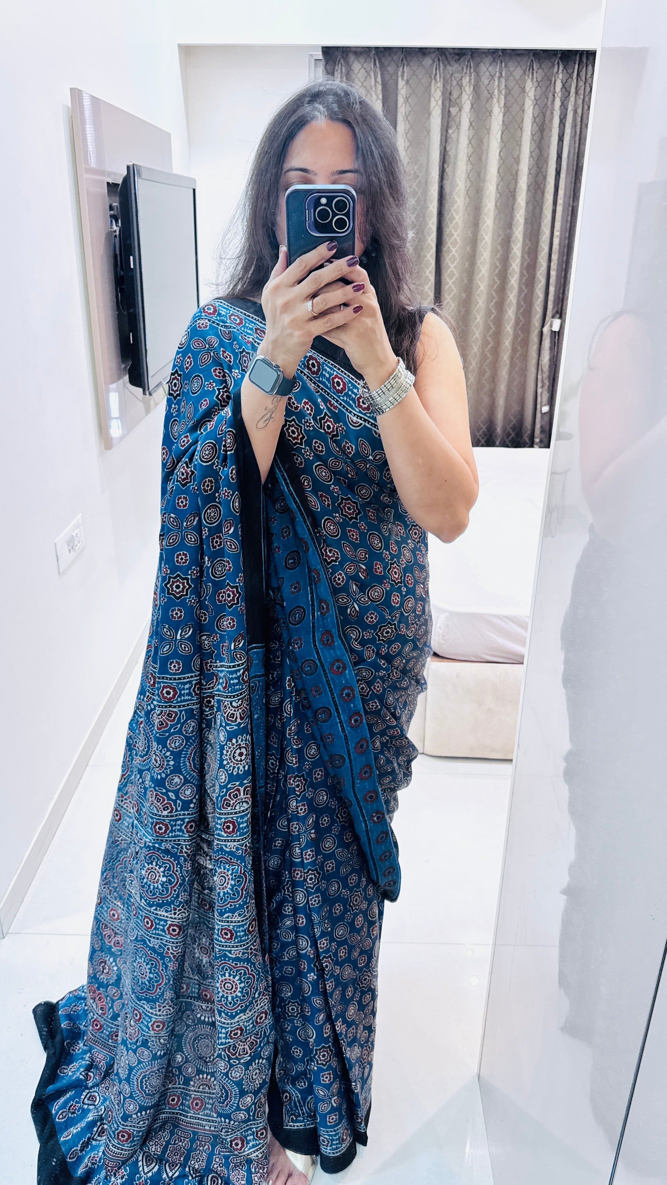Modal Silk Ajrakh Saree With Natural Dyes - Blue and can be customised in any colour