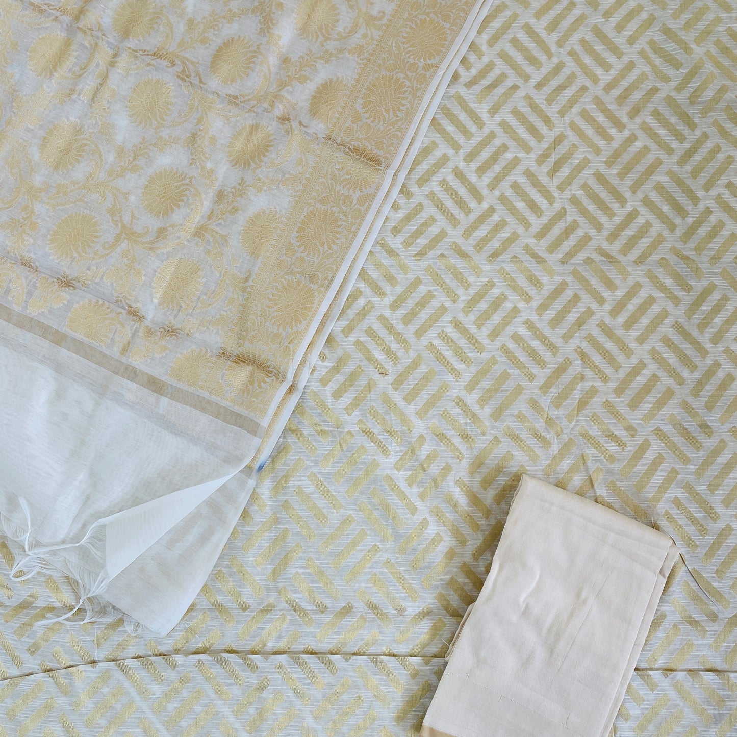 Banarasi Cotton Silk Unstitched Suit Material - White and Gold