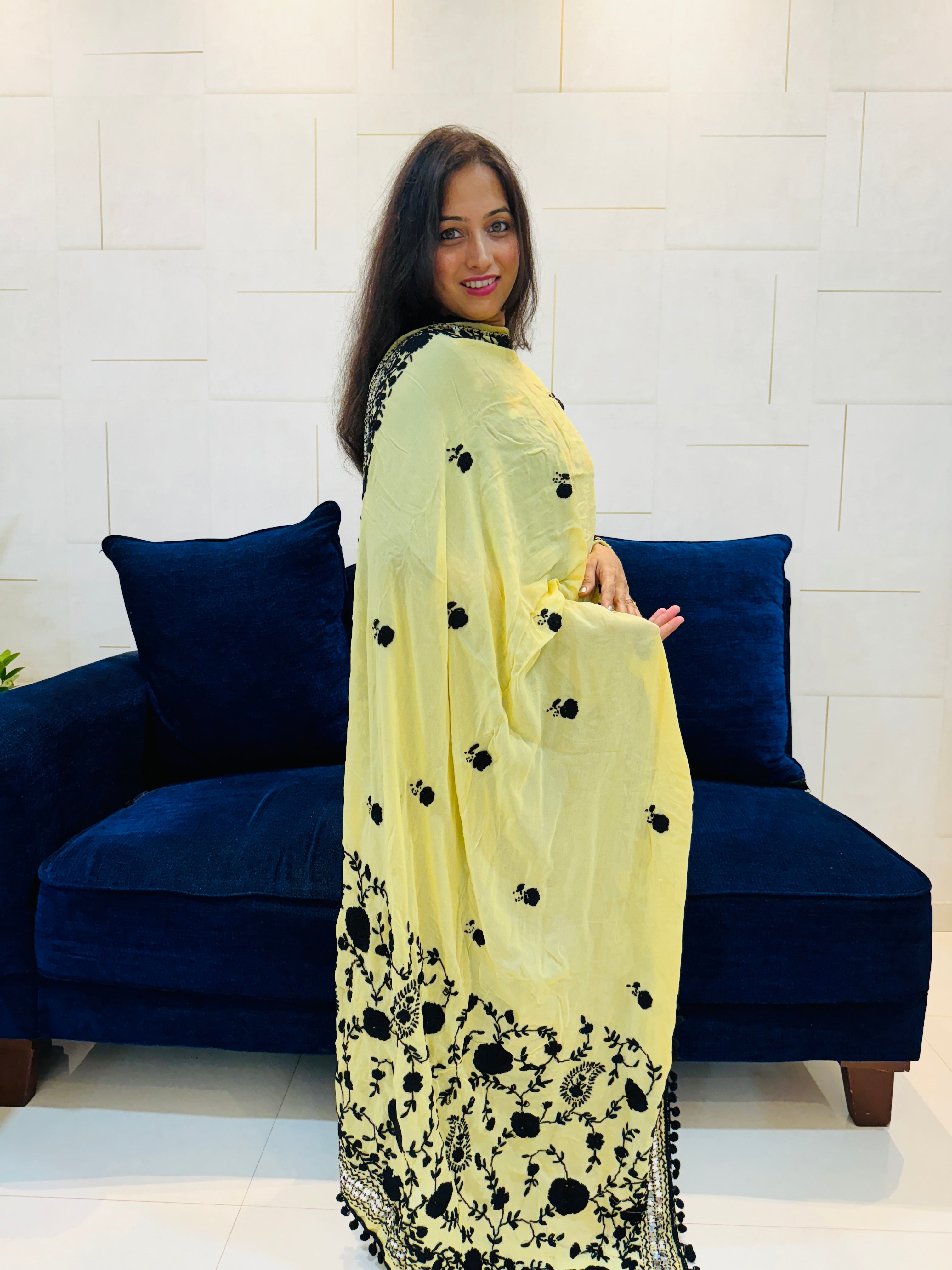 Hand Embroidered Chiffon Dupatta - Beige With Black Threadwork
