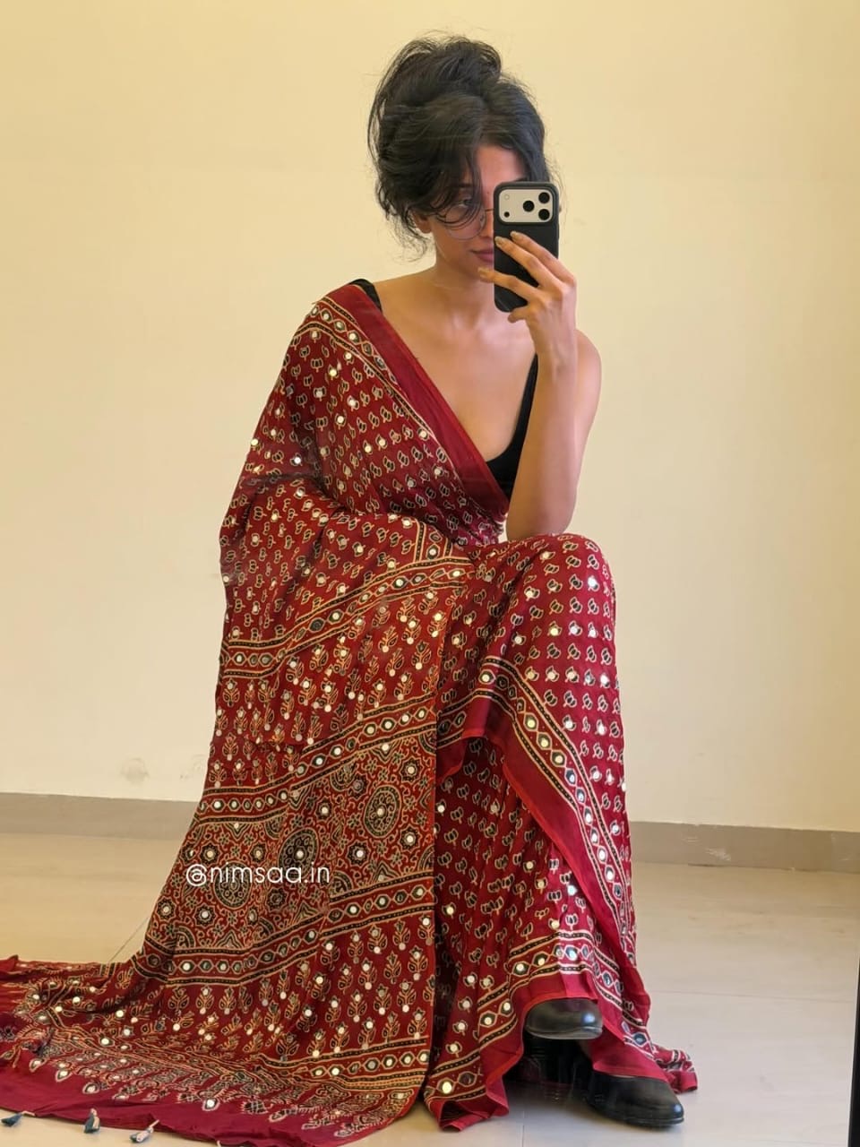 Modal Silk Ajrakh Saree With Natural Dyes and with Mirror Work Red, Indigo, Black and Customisation available