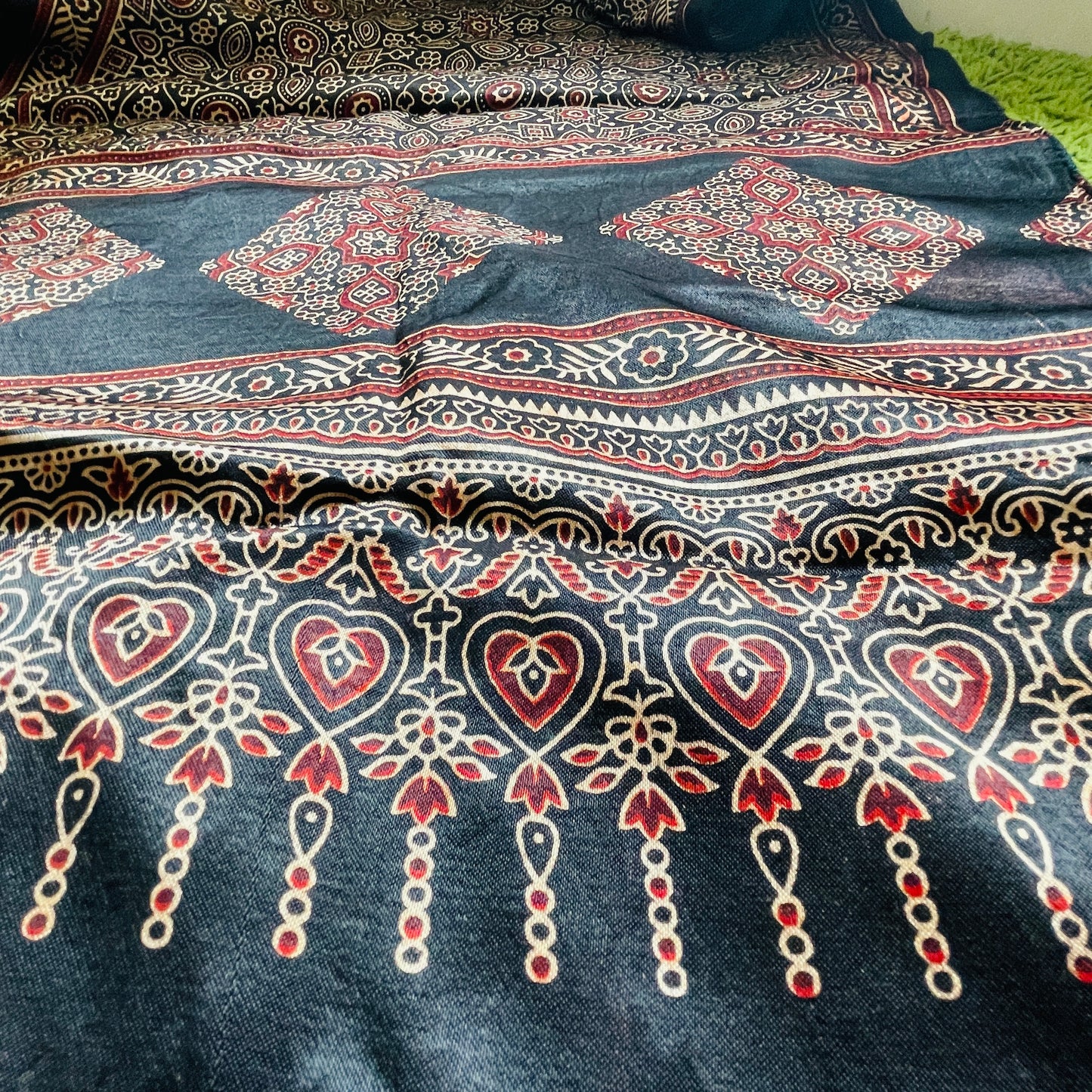 Mashru Silk Ajrakh Print Stole - Black