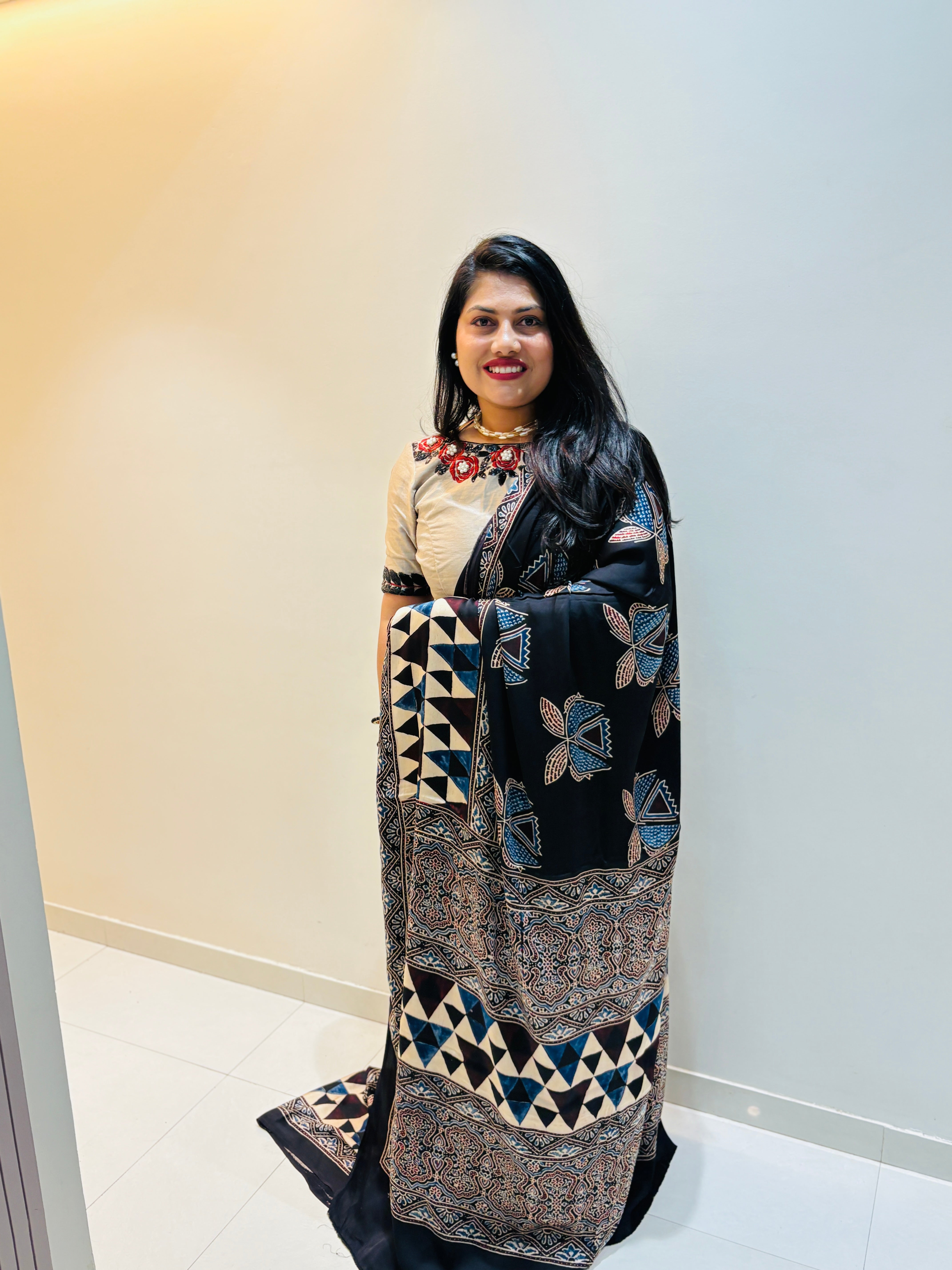 Modal Silk Ajrakh Saree With Natural Dyes - Black