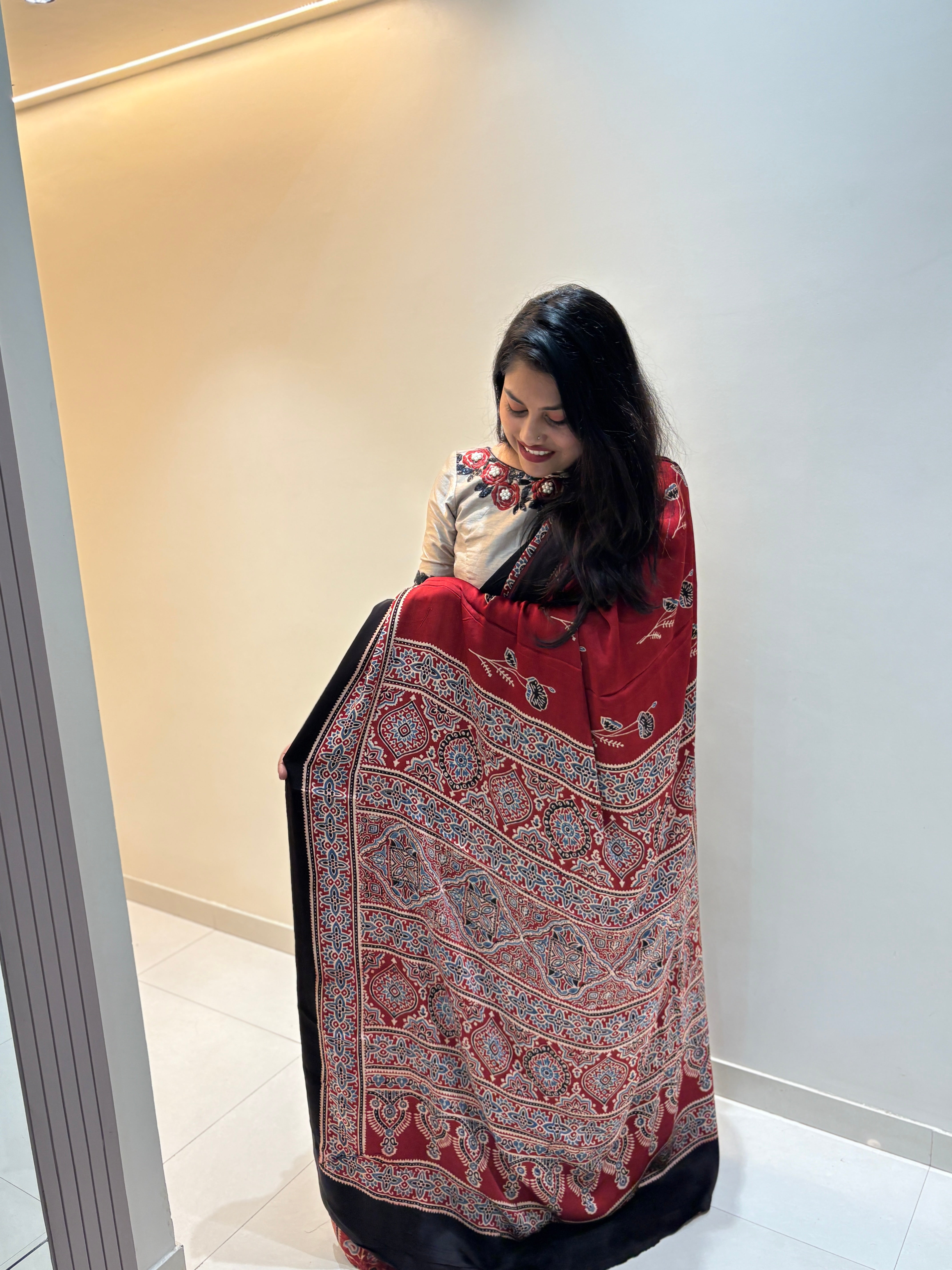 Modal Silk Ajrakh Saree With Natural Dyes