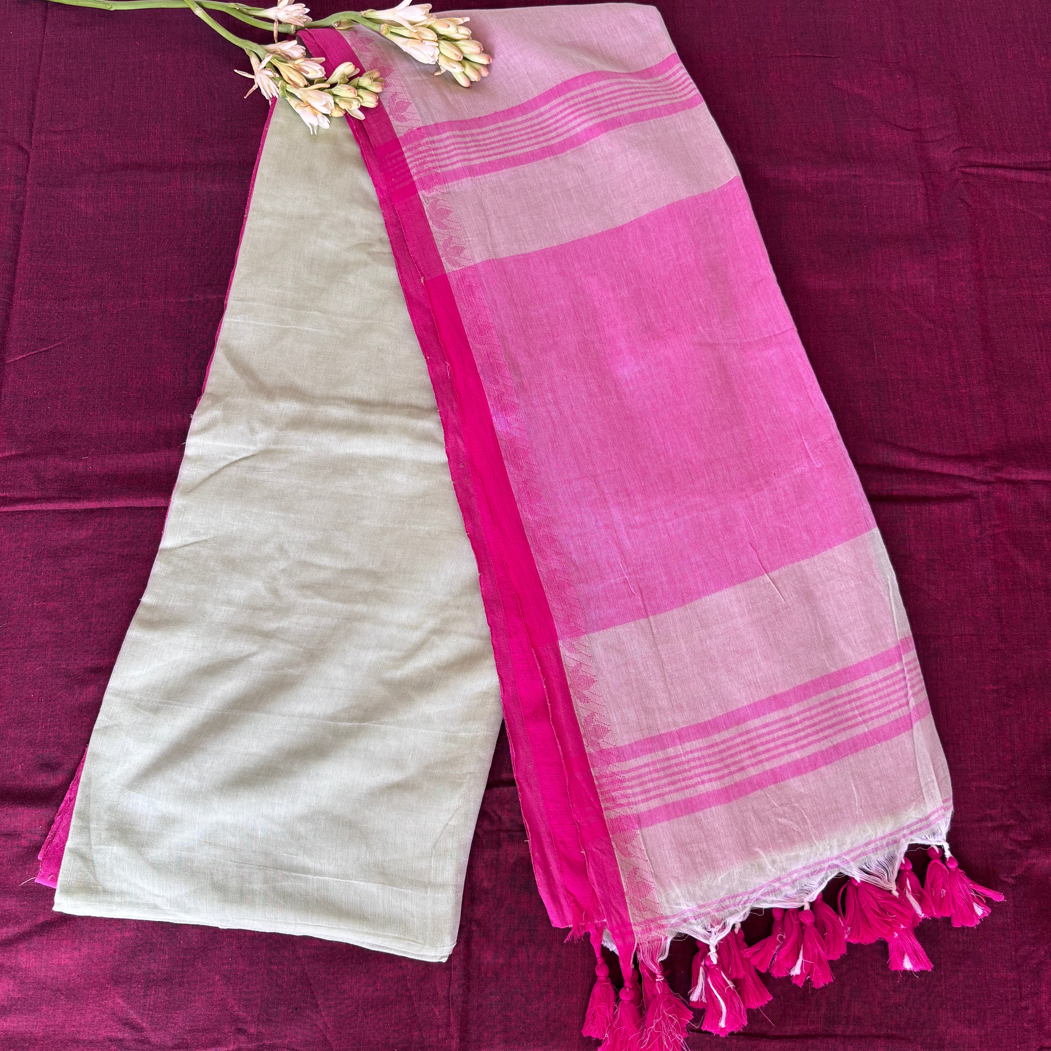 Handloom Mul Cotton woven - Orange, Magenta, Pink, White, Light Pista