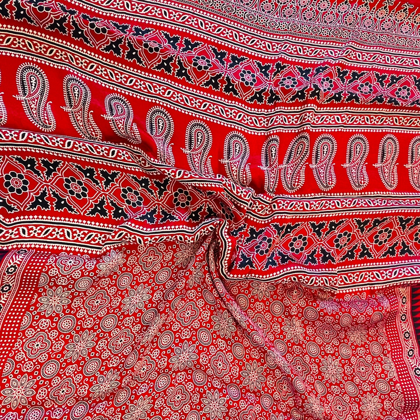 Modal Silk Ajrakh Saree - Navy Blue and Red