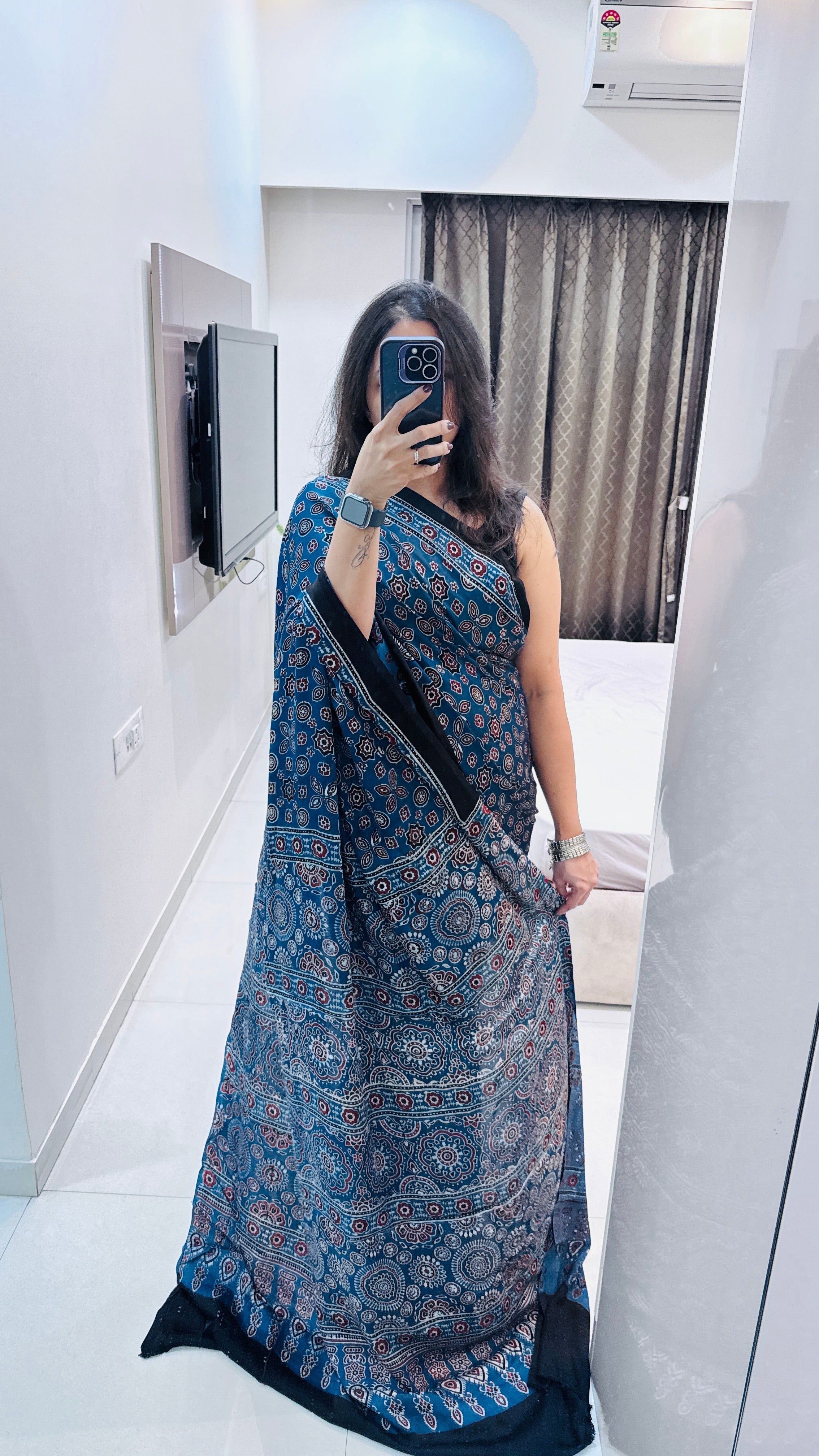 Modal Silk Ajrakh Saree With Natural Dyes - Blue and can be customised in any colour
