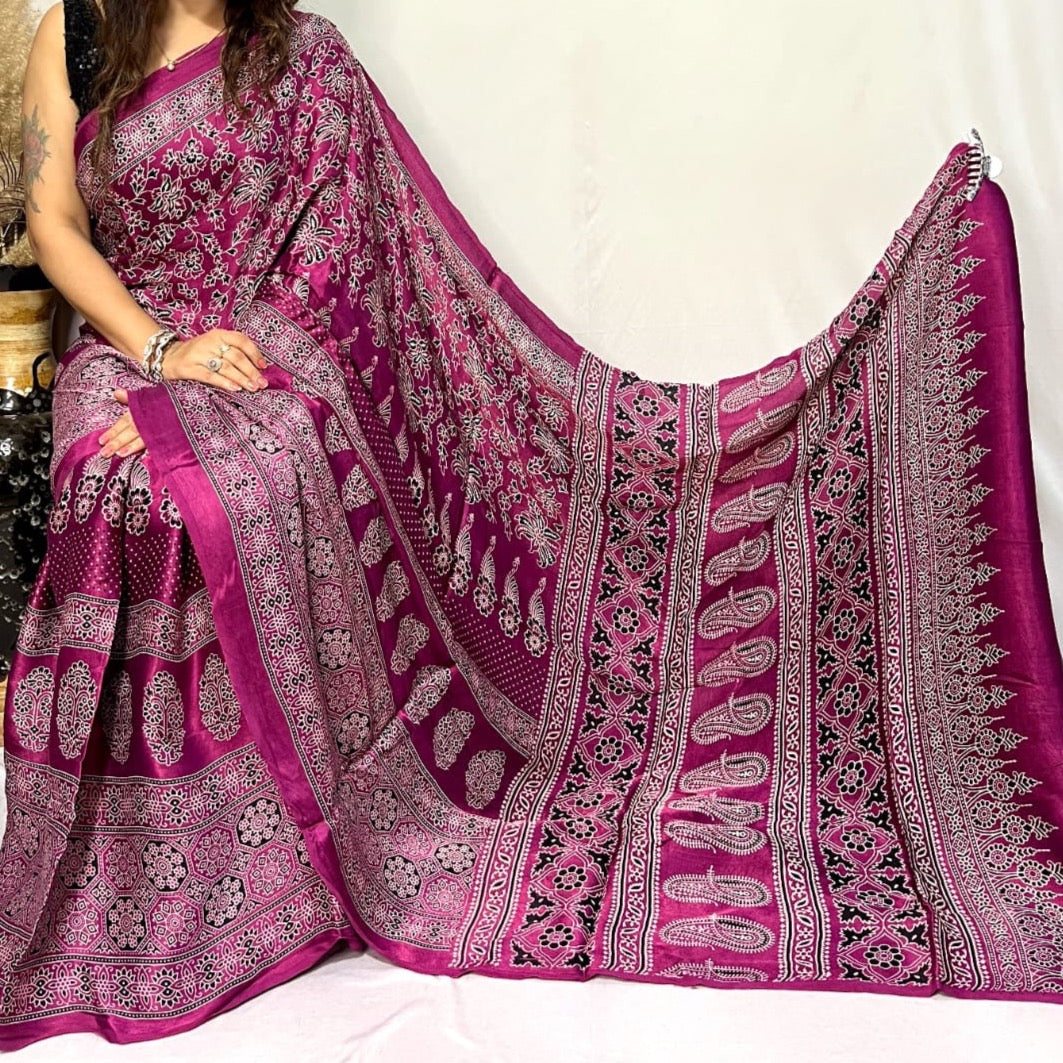 Modal Silk Ajrakh Saree - Indigo, Yellow, Red, Maroon, Pink, Mustard