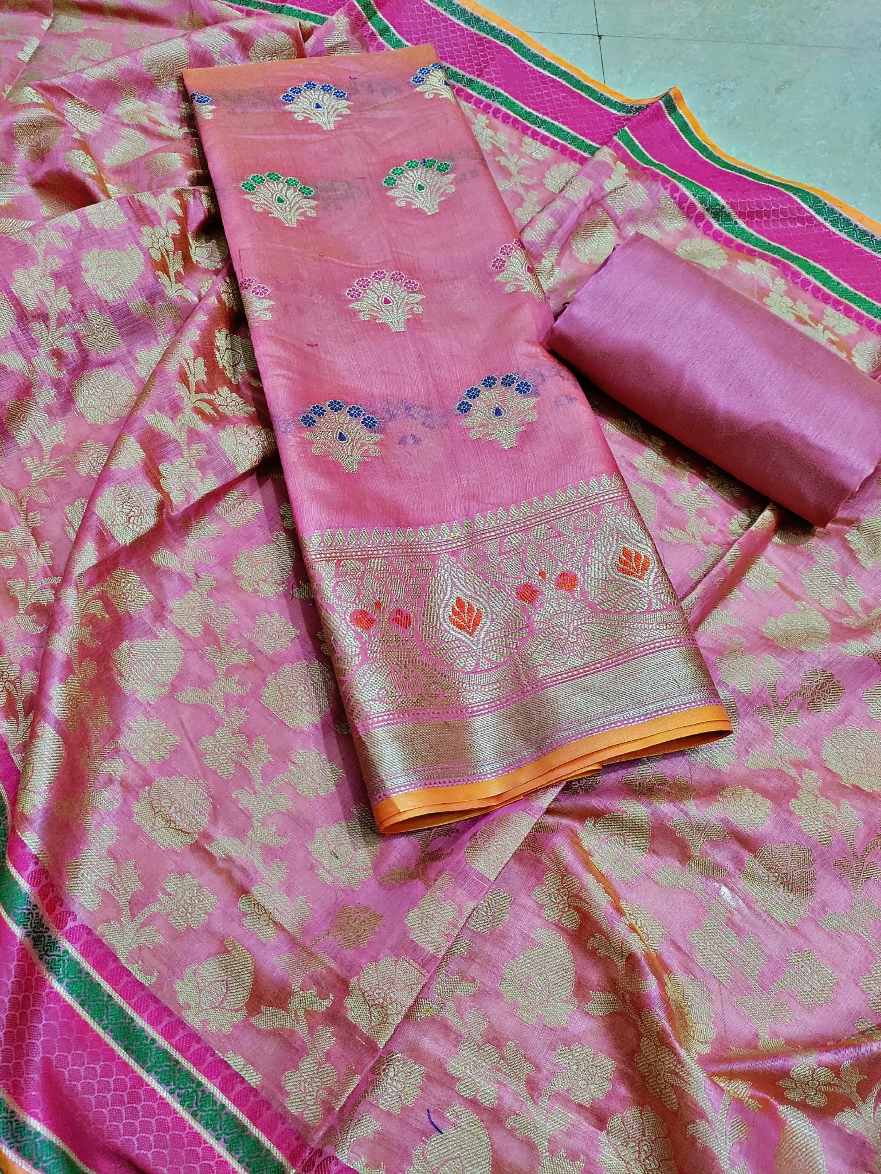 Banarasi Cotton Silk Unstitched Suit Material - Sea Blue, Pink, Peach, Green
