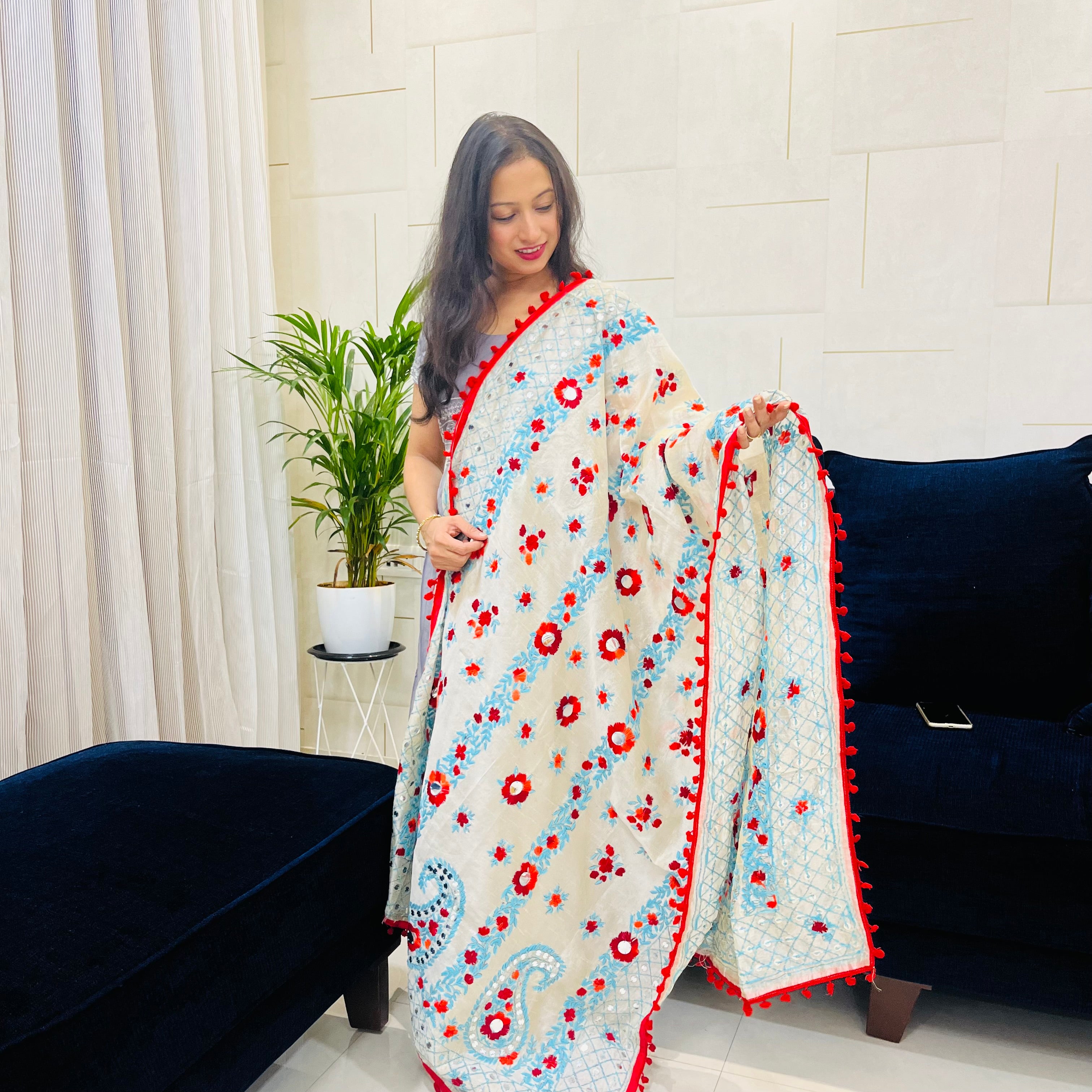 Hand-Embroidered Chanderi Dupatta- Beige With Multi-Coloured Threadwork and Pompom