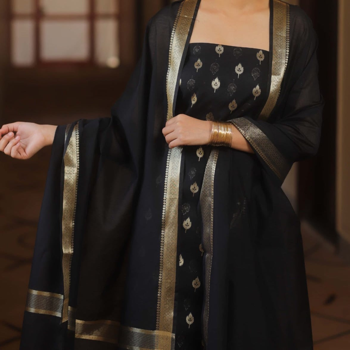 Banarasi Cotton Silk Unstitched Salwar Suit Fabric -Black With Embossed Jari