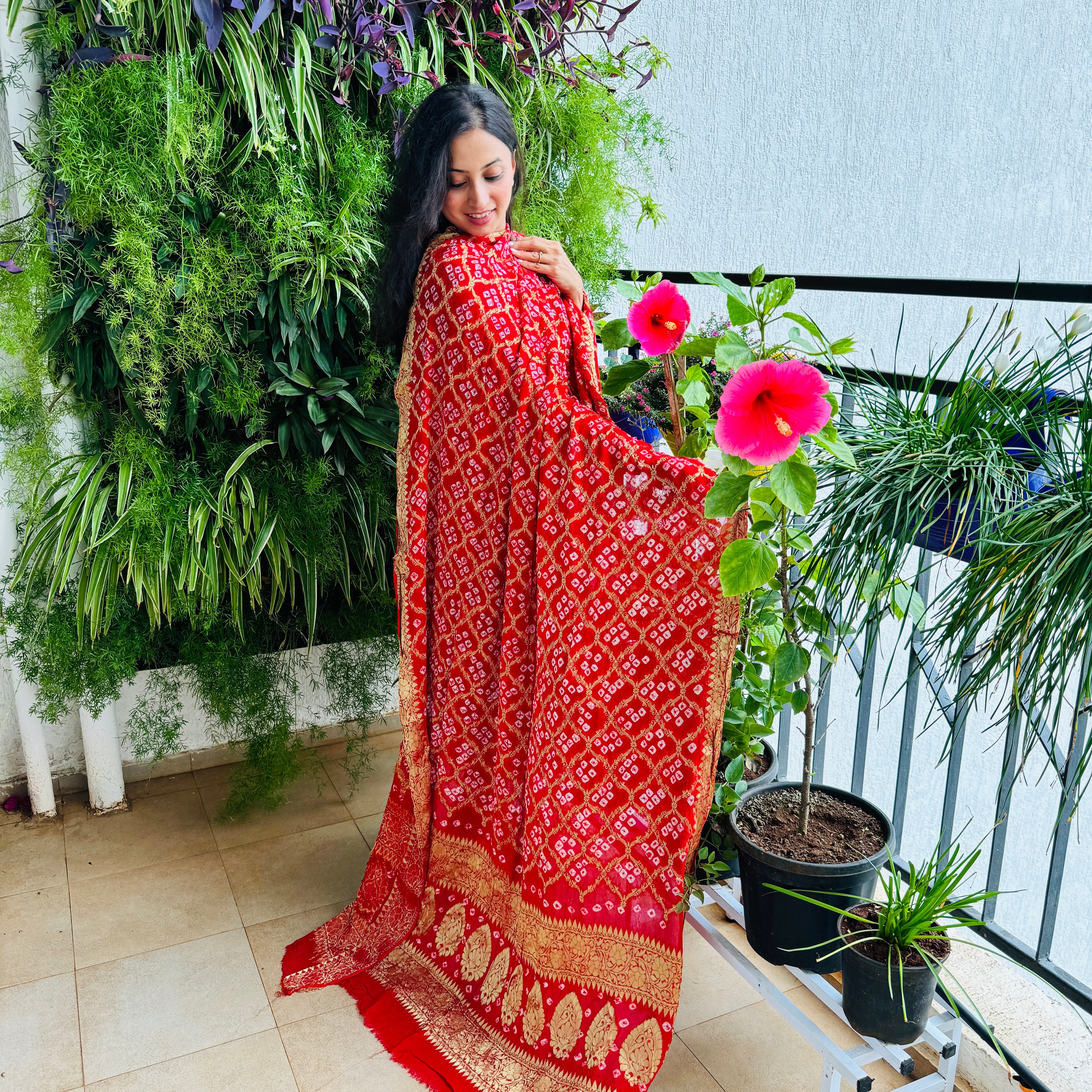 Pure Georgette Bandhani Banarasi Dupatta - Red