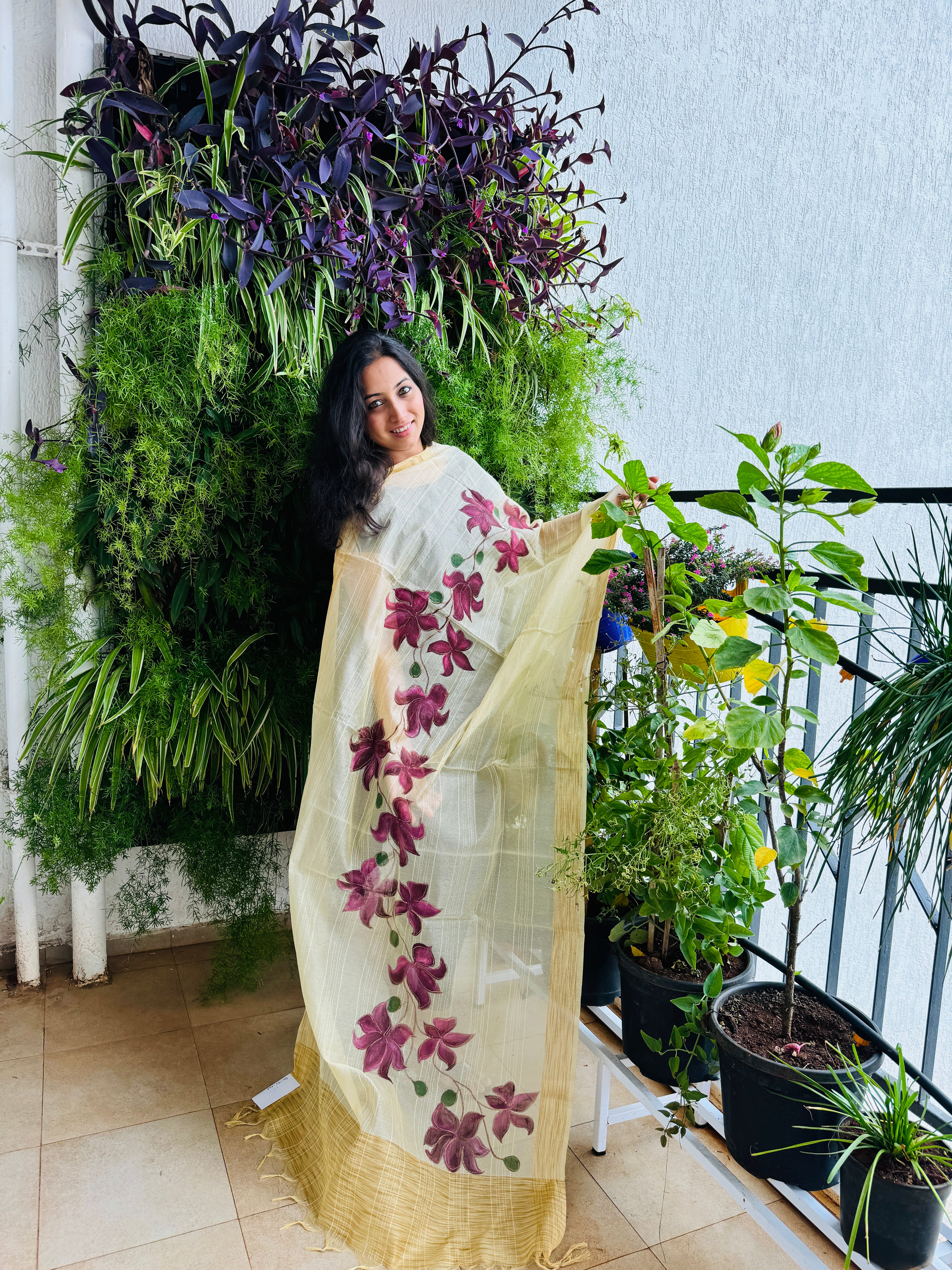 Hand Painted Flower Motifs Dupatta on Kheeja Cotton